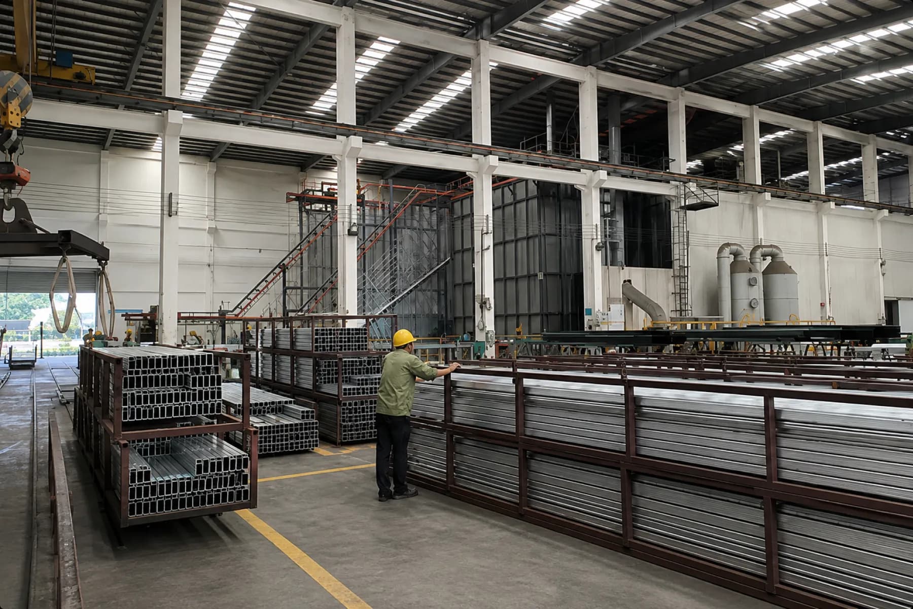 Technician inspecting racked profile stock on the shop floor