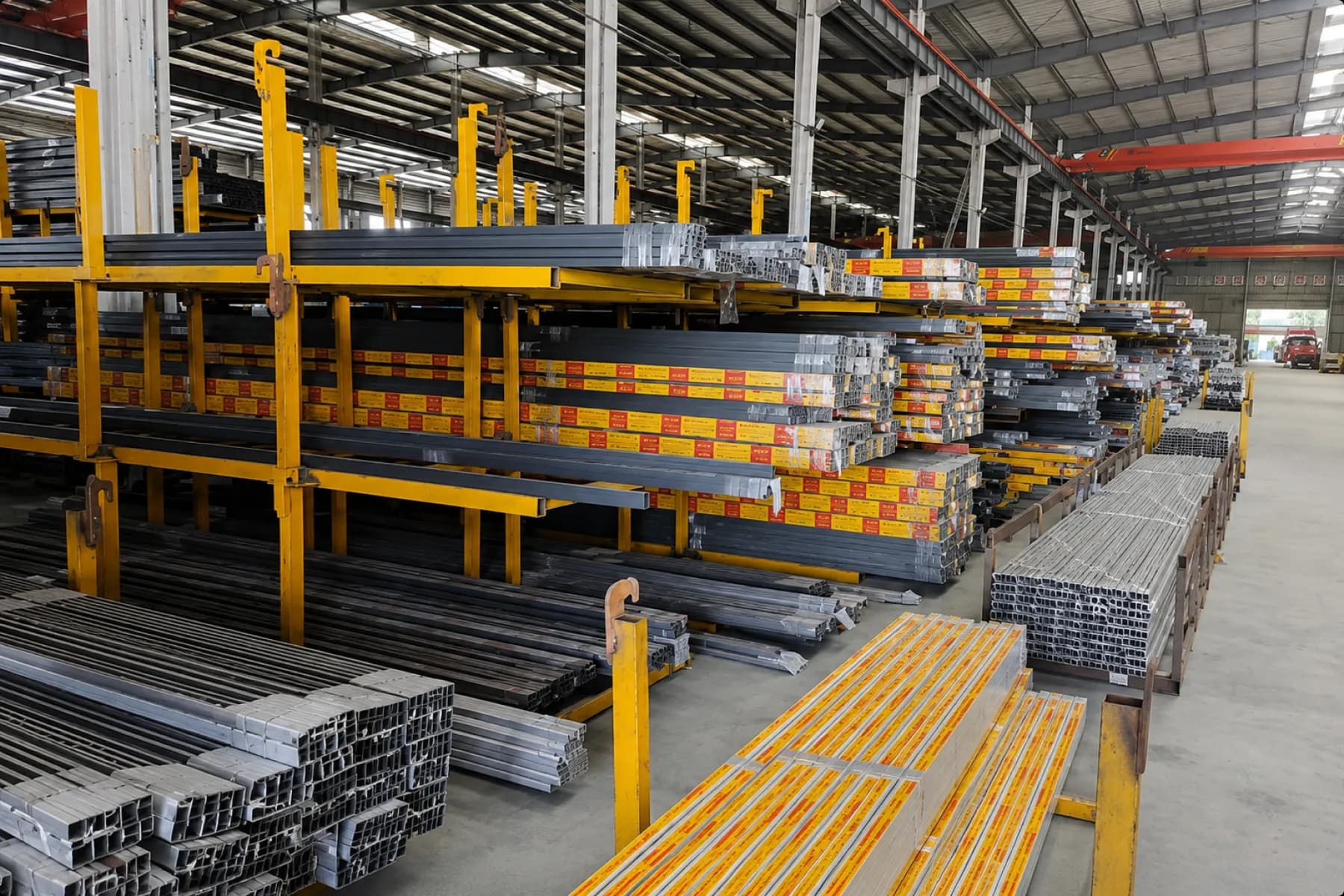 Palletized finished profile bundles racked in the warehouse