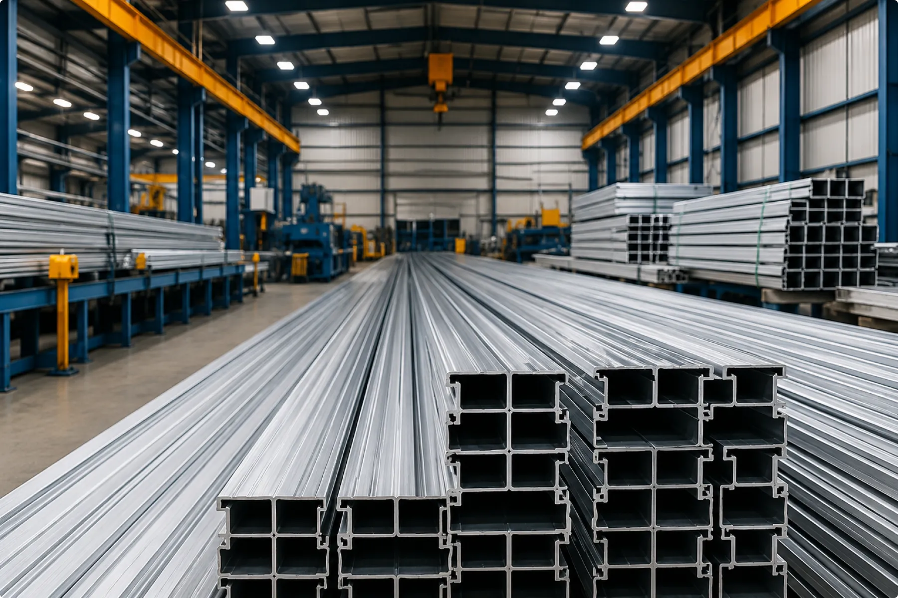 Aisles of stacked aluminium profile bars ready for dispatch