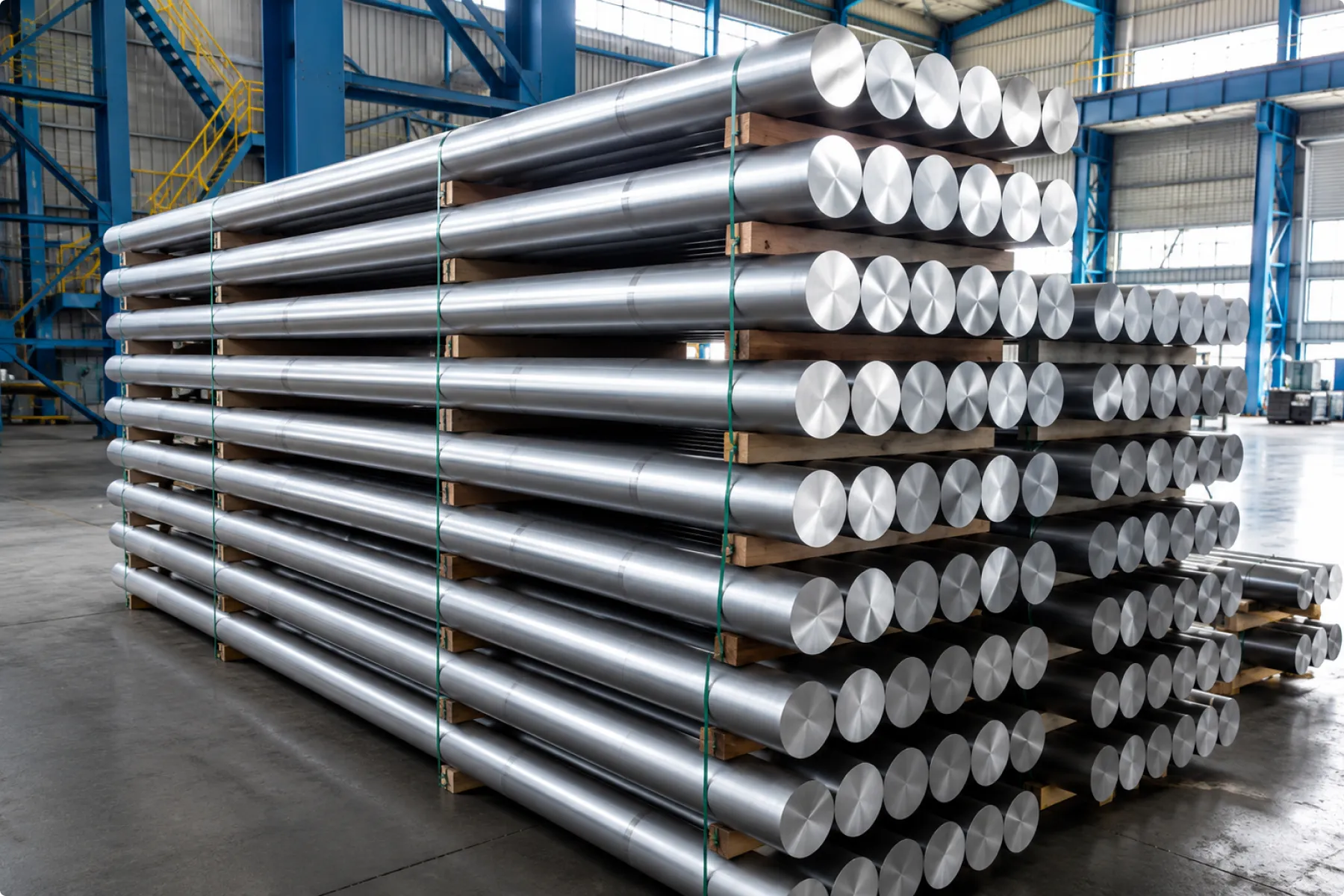 Raw aluminium billets stacked and ready for extrusion