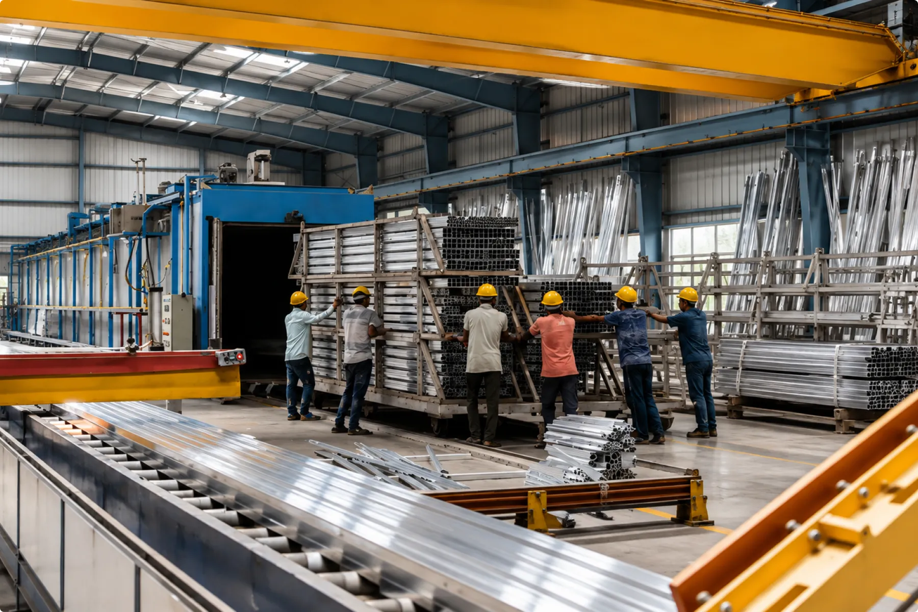 Production team loading profile racks into the finishing oven