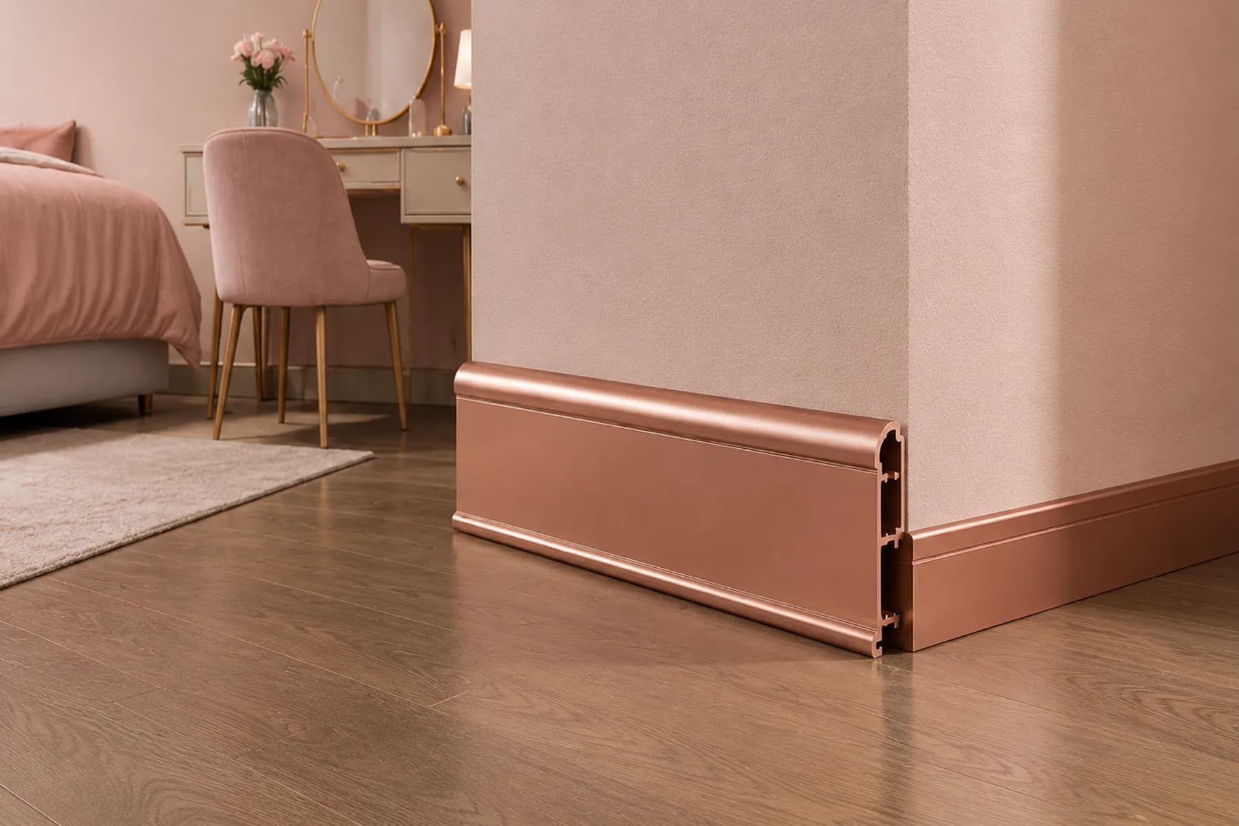 Rose Gold Skirting Along Pink Bedroom Wall
