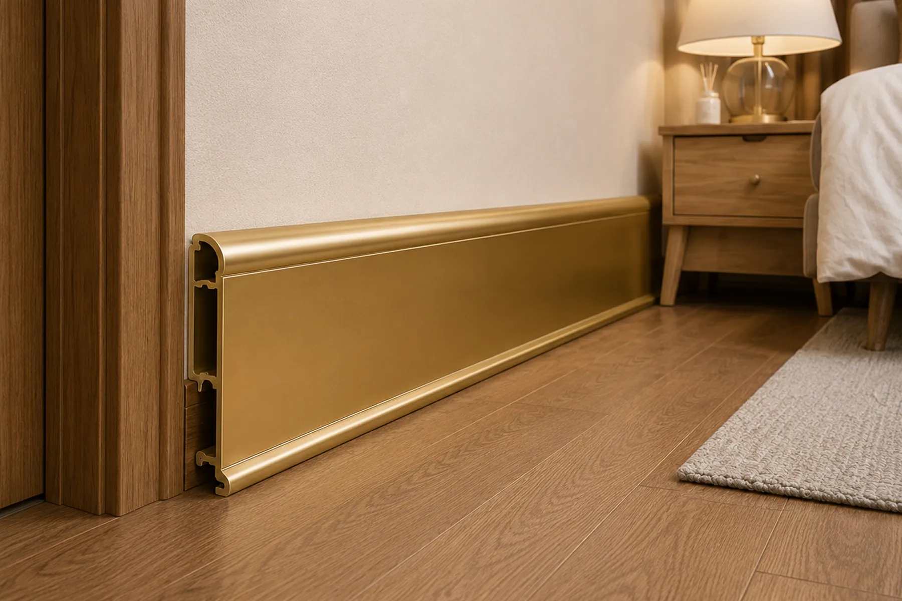 Gold-Finish Skirting Profile Along Bedroom Wall