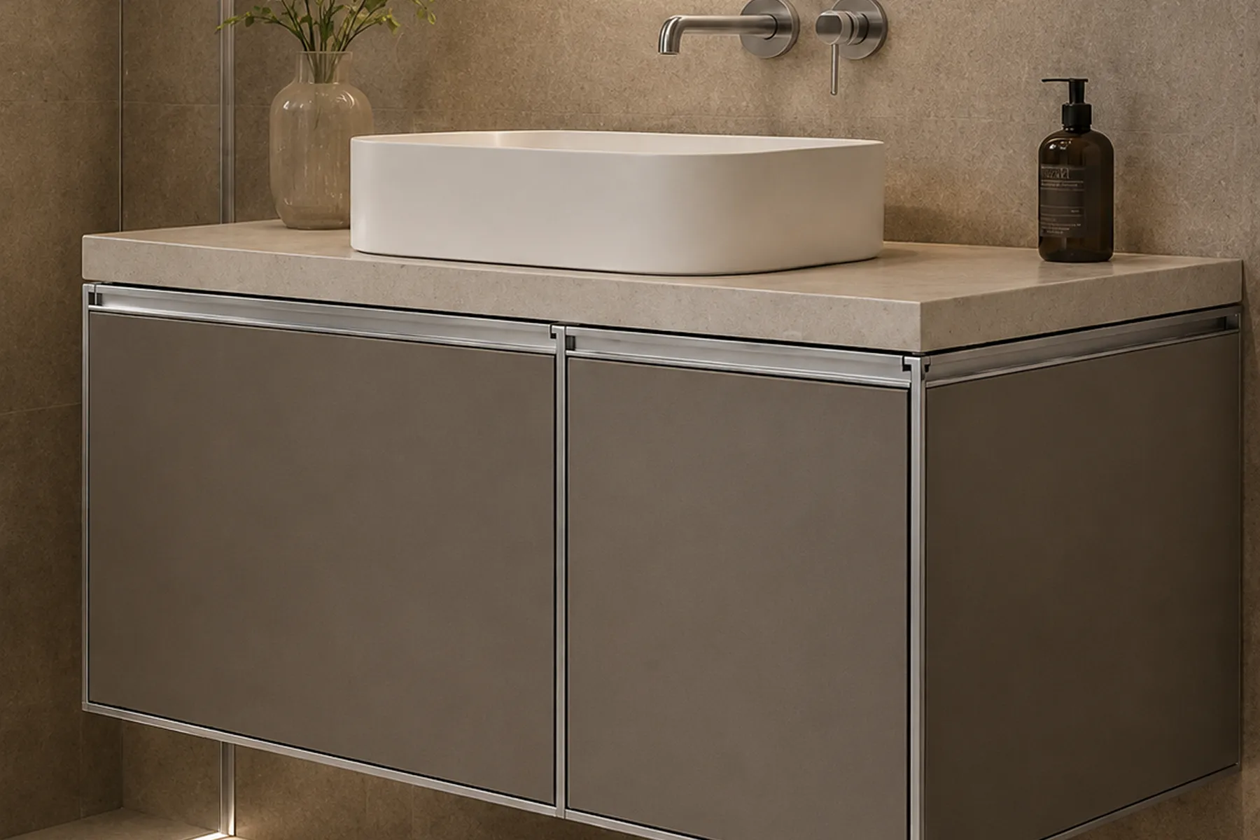 Silver T-Profile Trim on Bathroom Vanity Cabinet