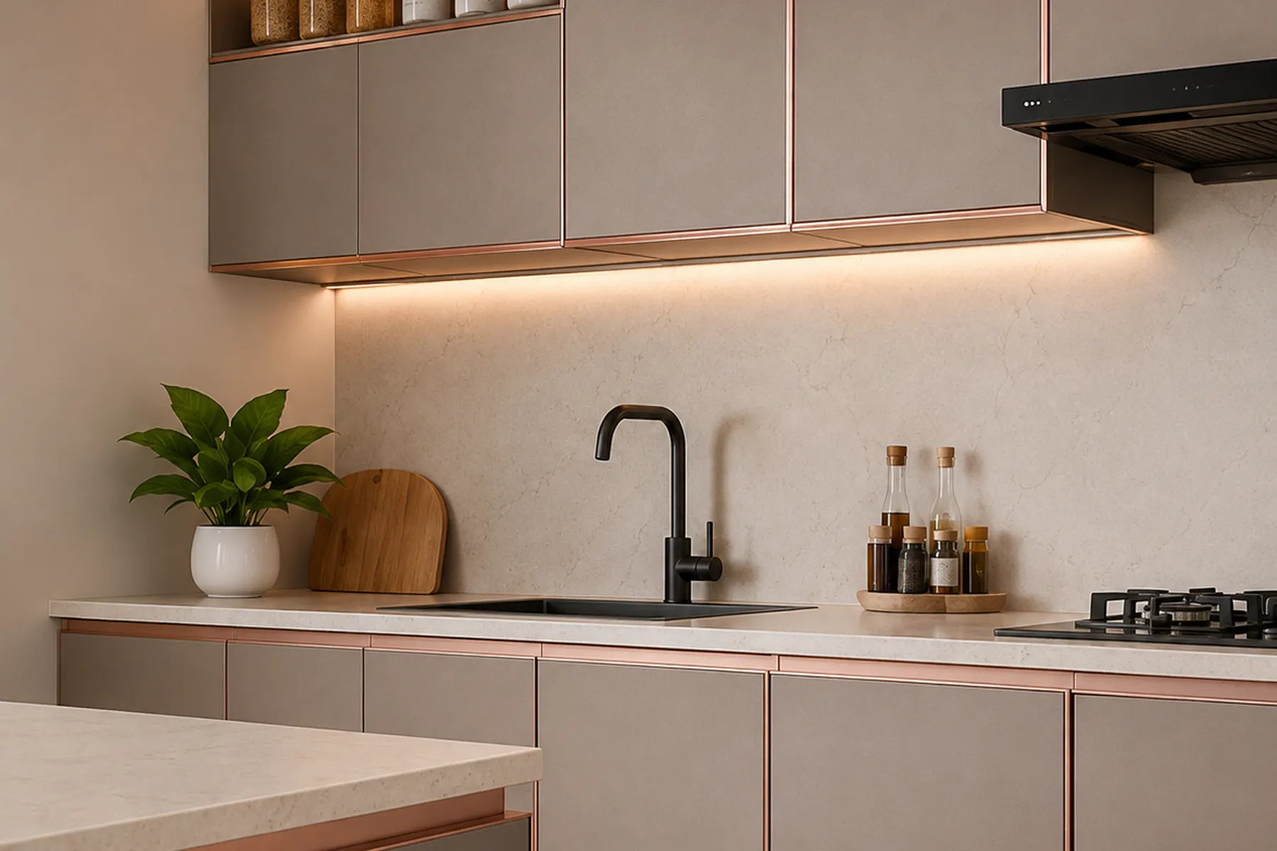 Rose Gold T-Profile Trim on Kitchen Cabinetry