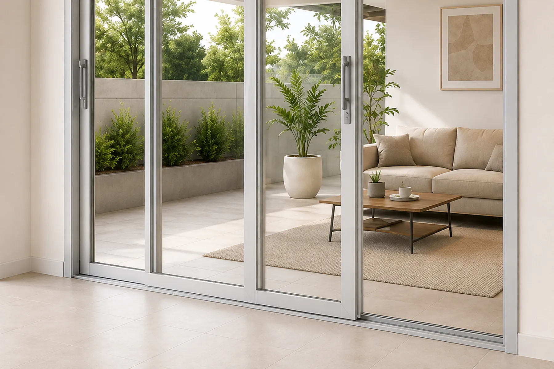 Sliding glass doors opening to a landscaped courtyard