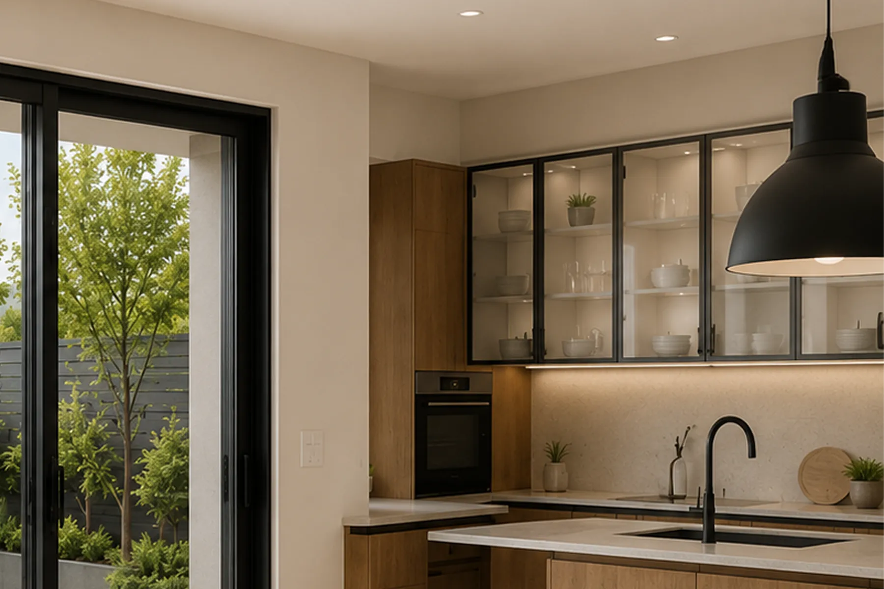 Black-frame sliding door linking kitchen to garden patio