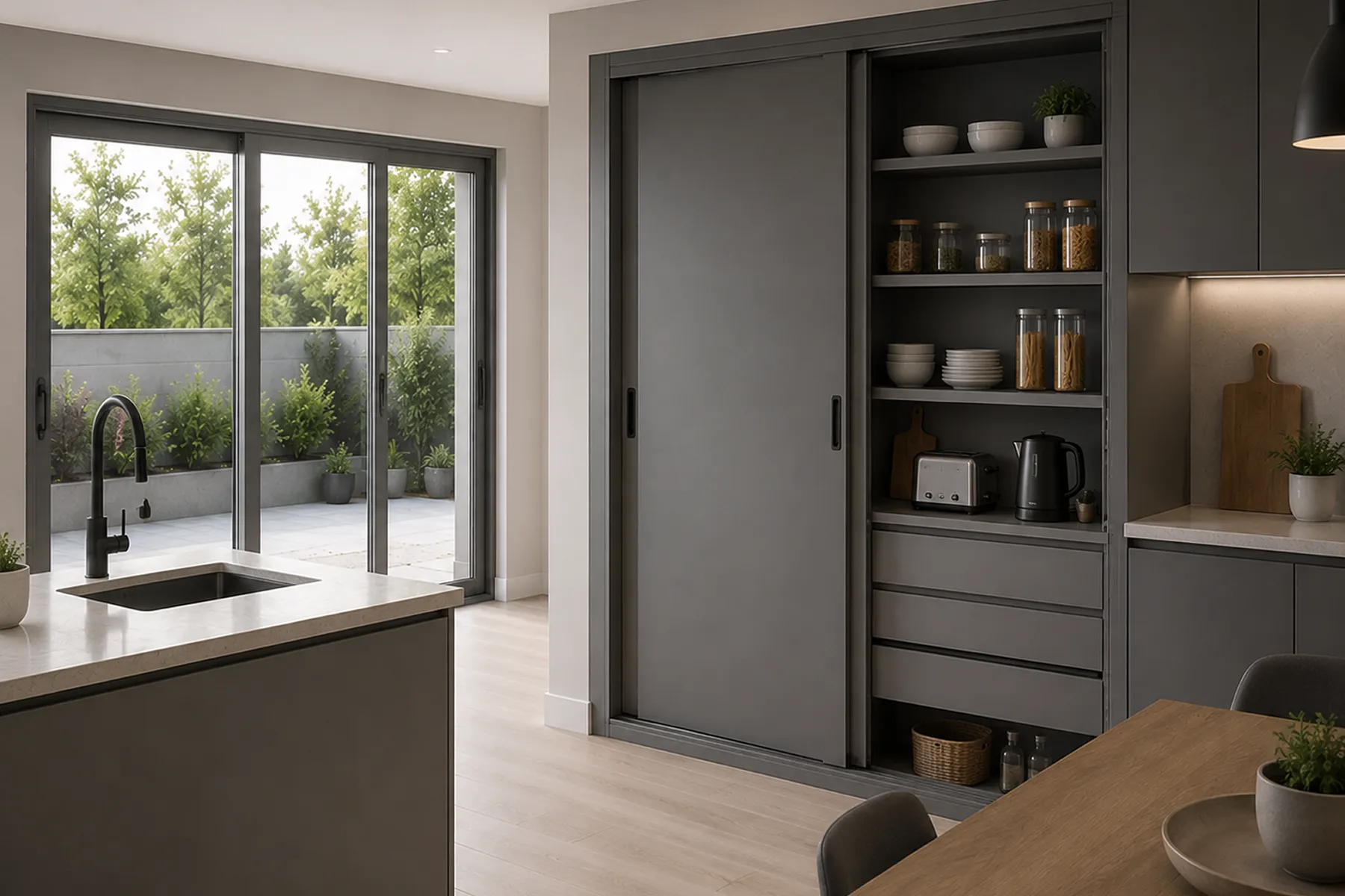 Sliding door on a fitted kitchen pantry unit
