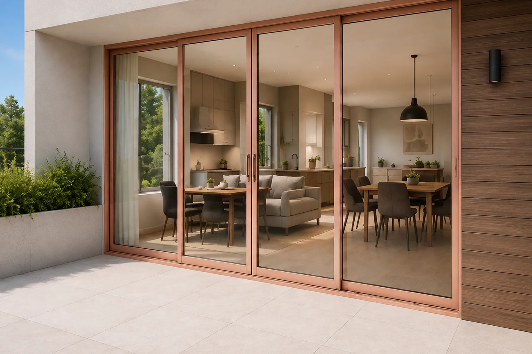 Sliding doors opening to an open-plan living space