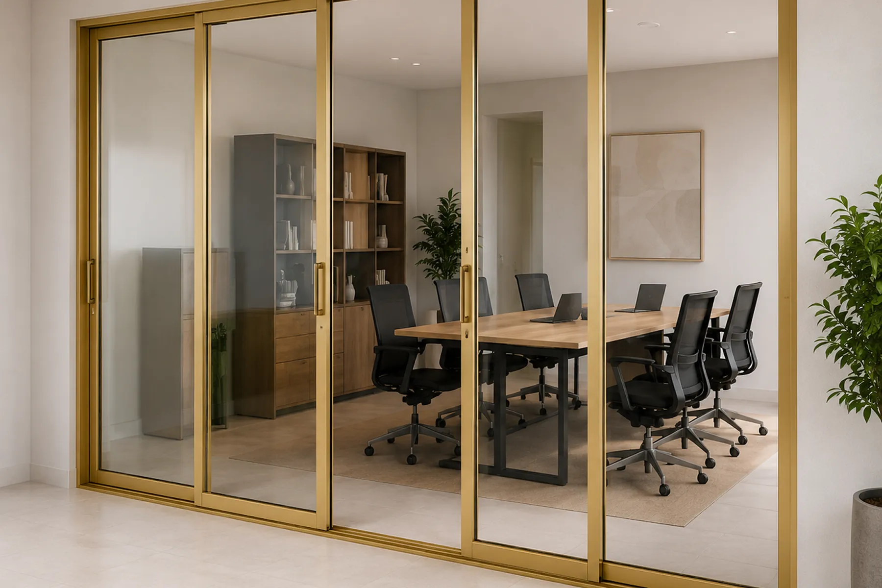 Gold-finish glass partition enclosing an office meeting room