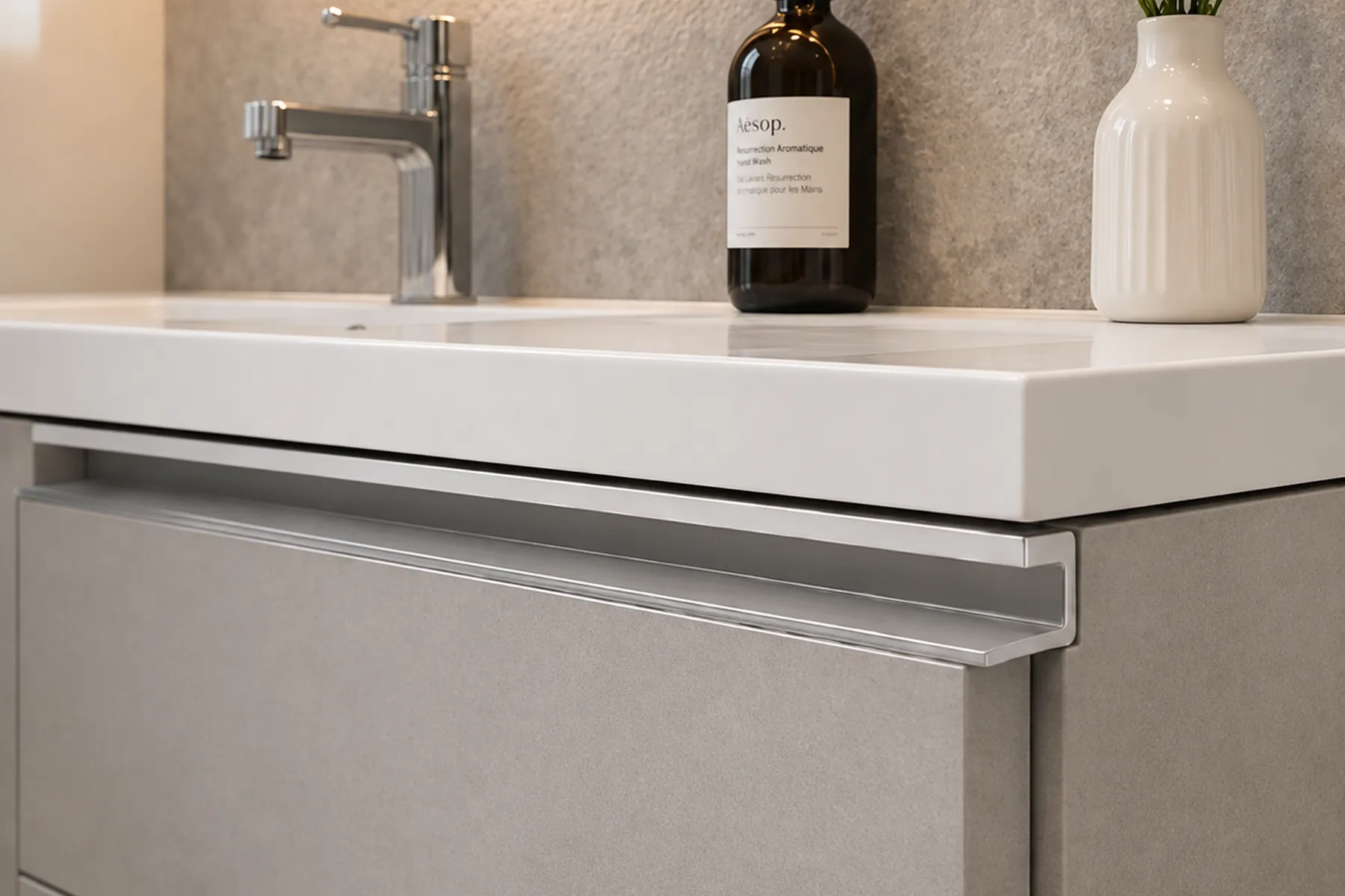 F-Handle Installed on Bathroom Vanity