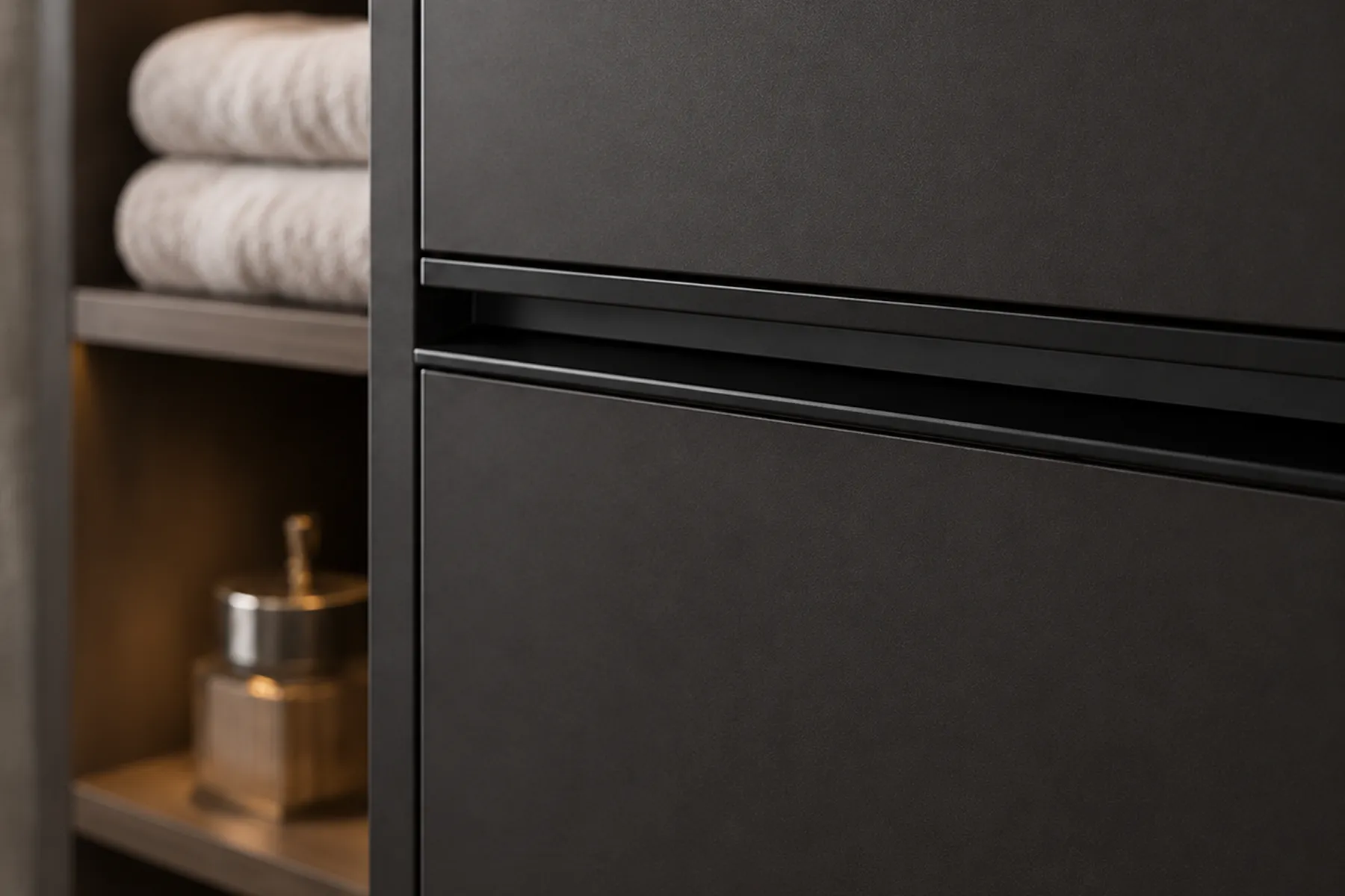 F-Handle on Black Matte Linen Cabinet