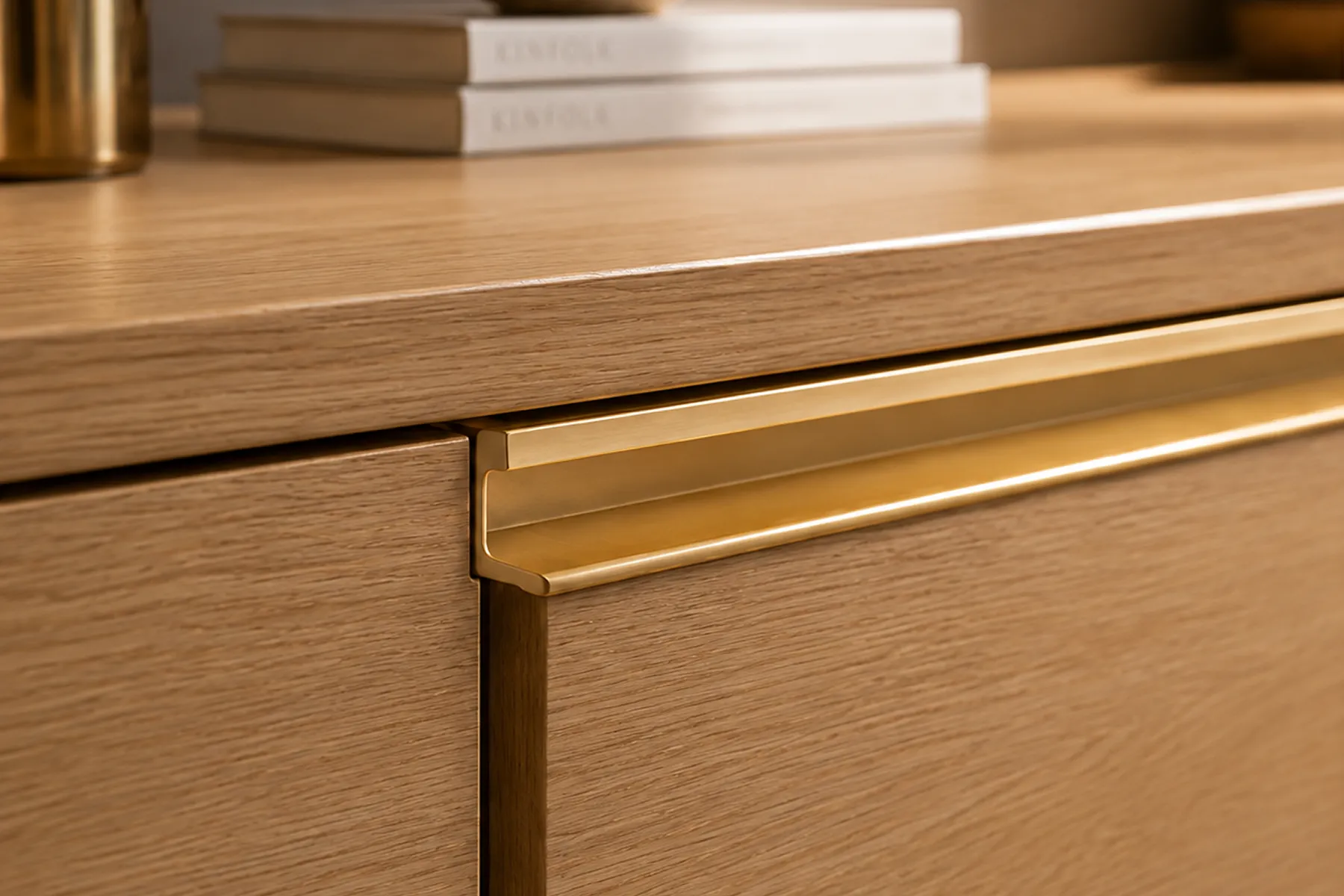 Gold F-Handle on Wood Cabinet Drawer