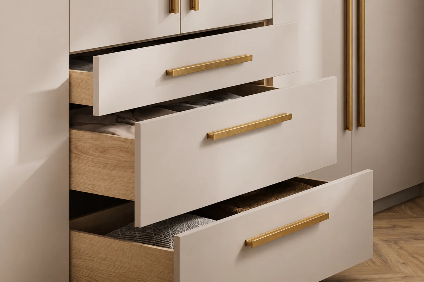 Gold J-Handle Pulls on Wardrobe Drawers