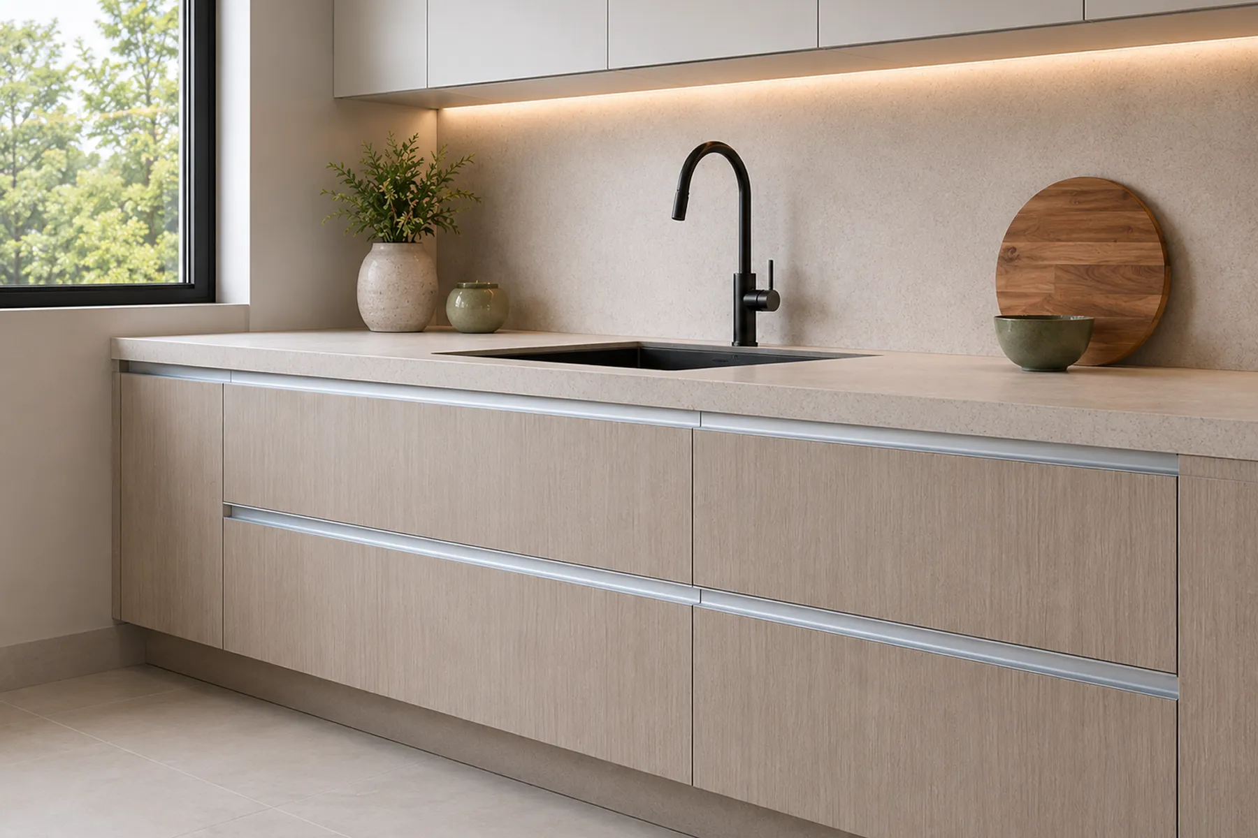 Integrated Aluminium Handle on Kitchen Base Cabinets