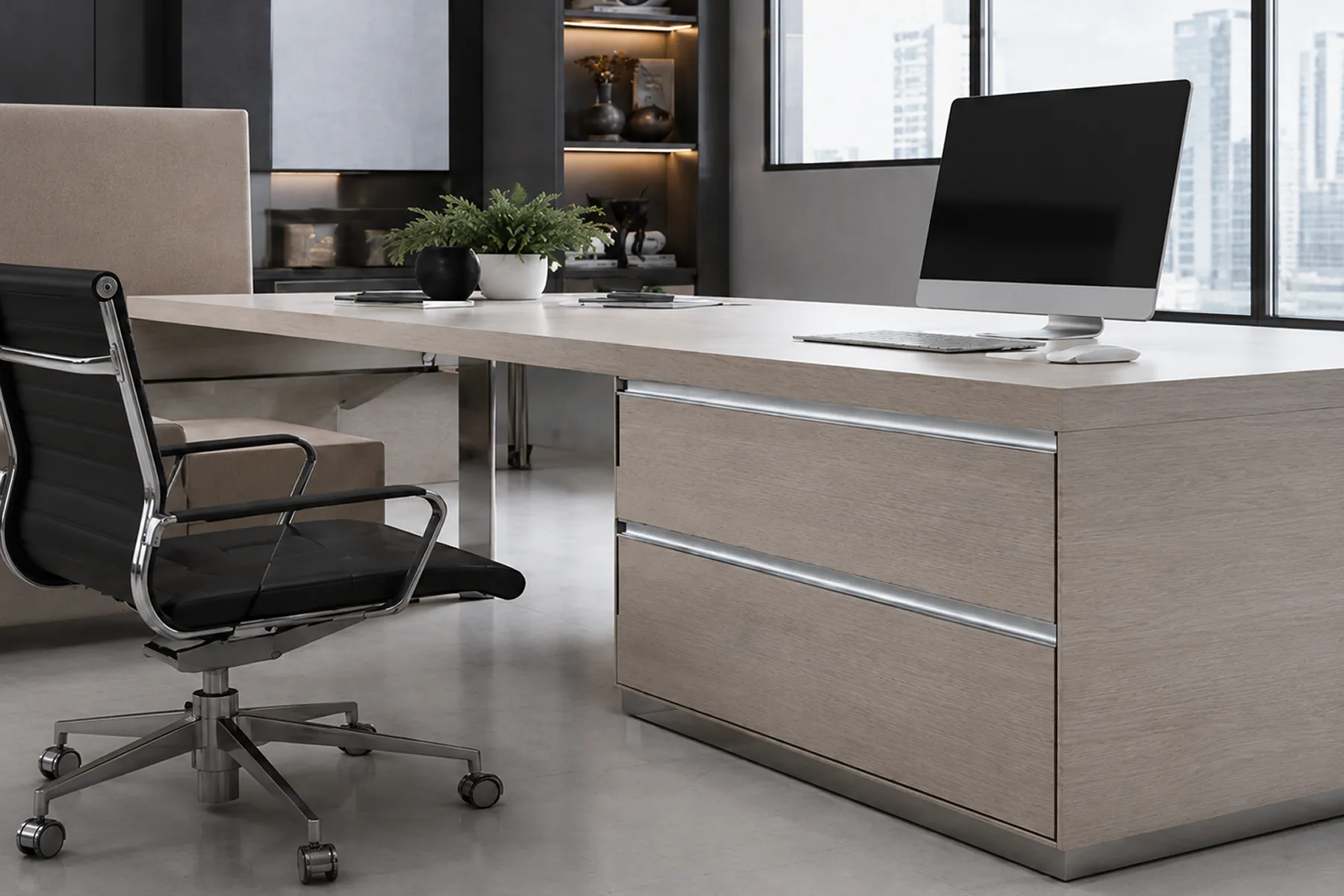 Integrated handle profile on office desk drawers