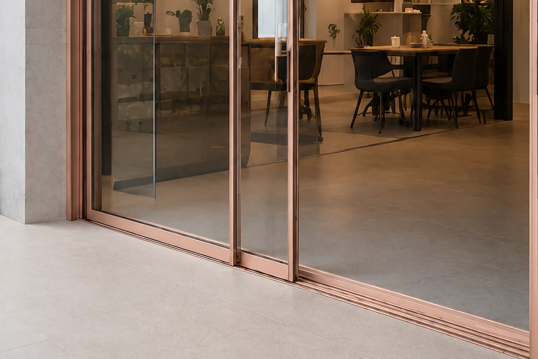 Rose Gold Glazing Channel on Sliding Dining Room Door
