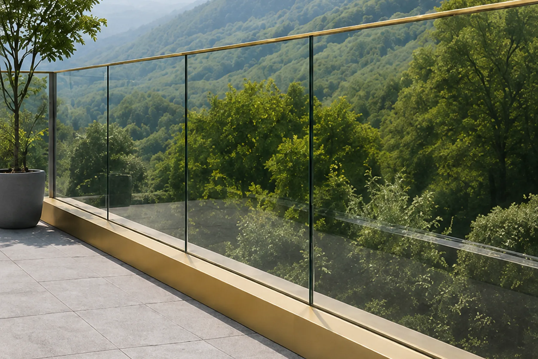 Gold-Finish Glazing Channel on Outdoor Balcony Railing