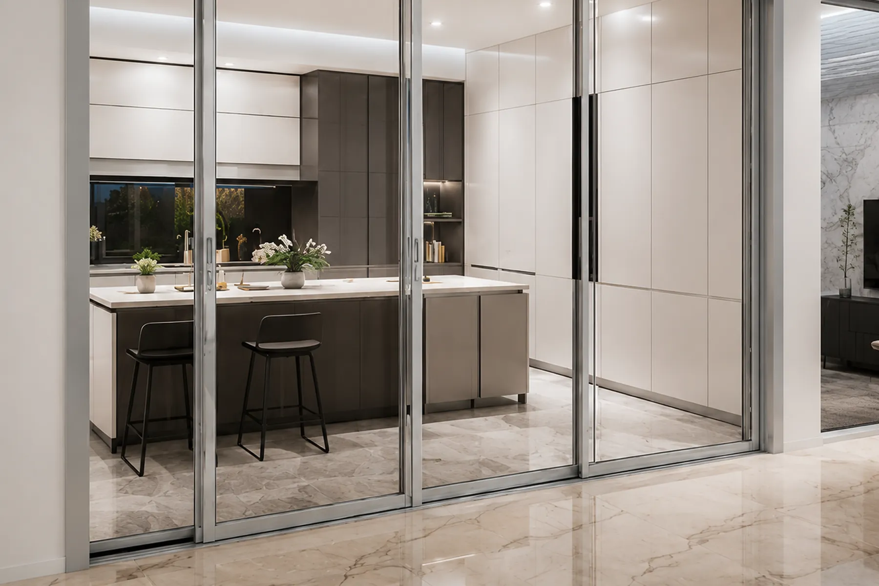 Sliding Glass Partition Enclosing Modern Kitchen