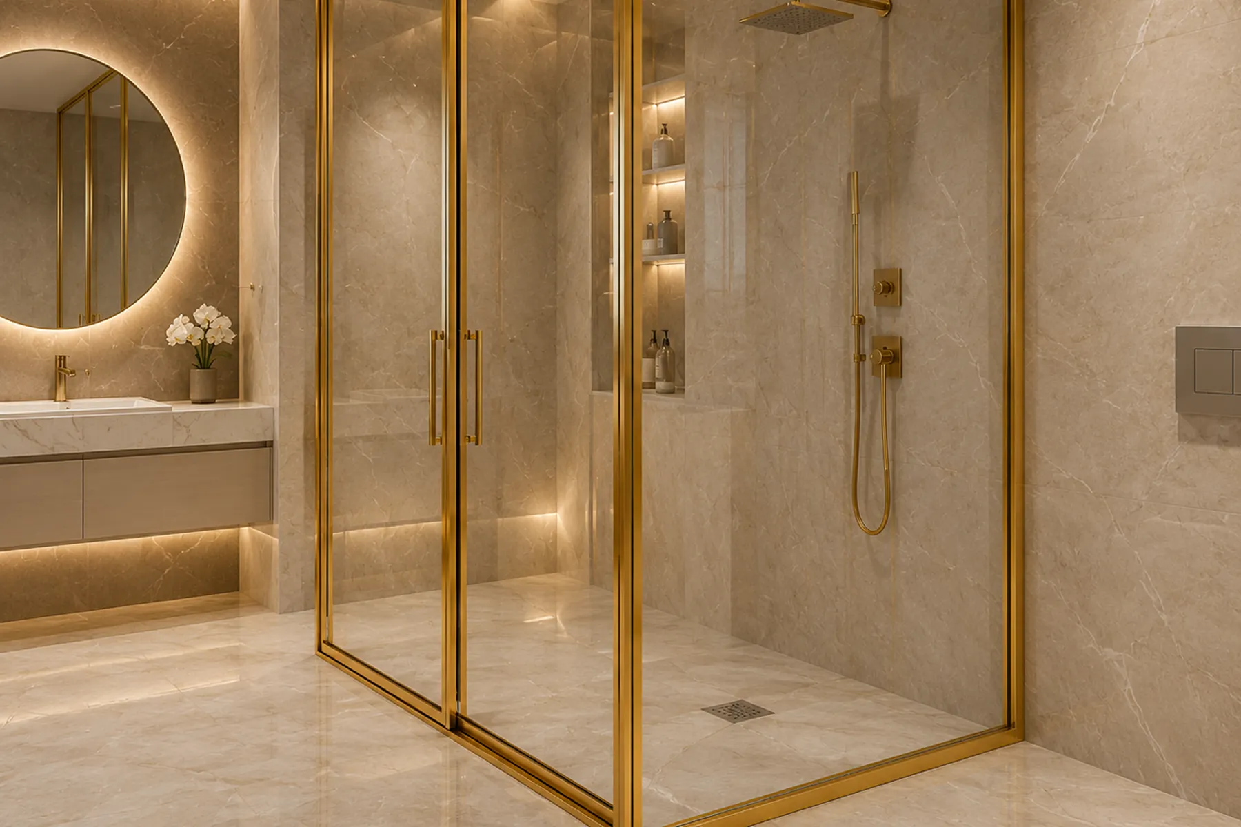 Gold-Framed Glass Shower Partition Enclosure