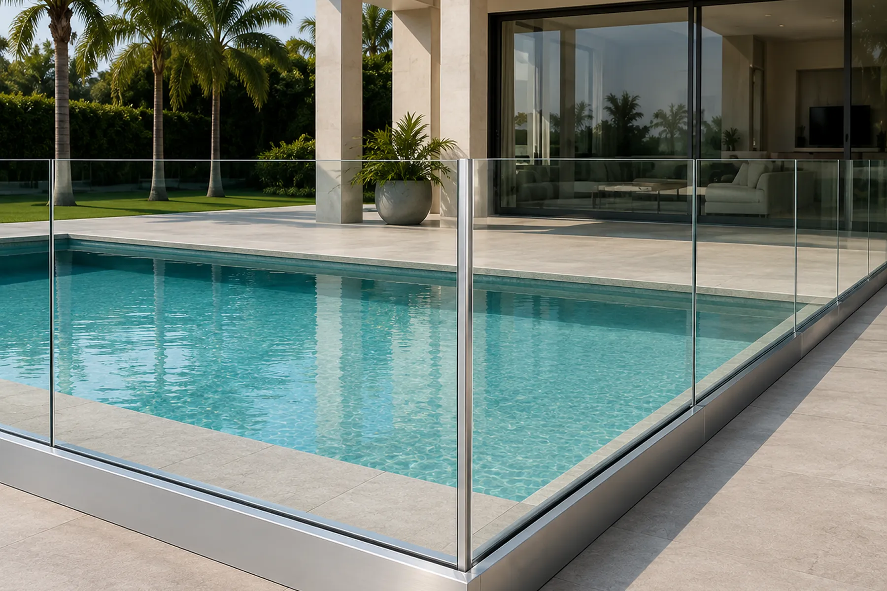 Frameless glass railing enclosing a resort-style pool terrace
