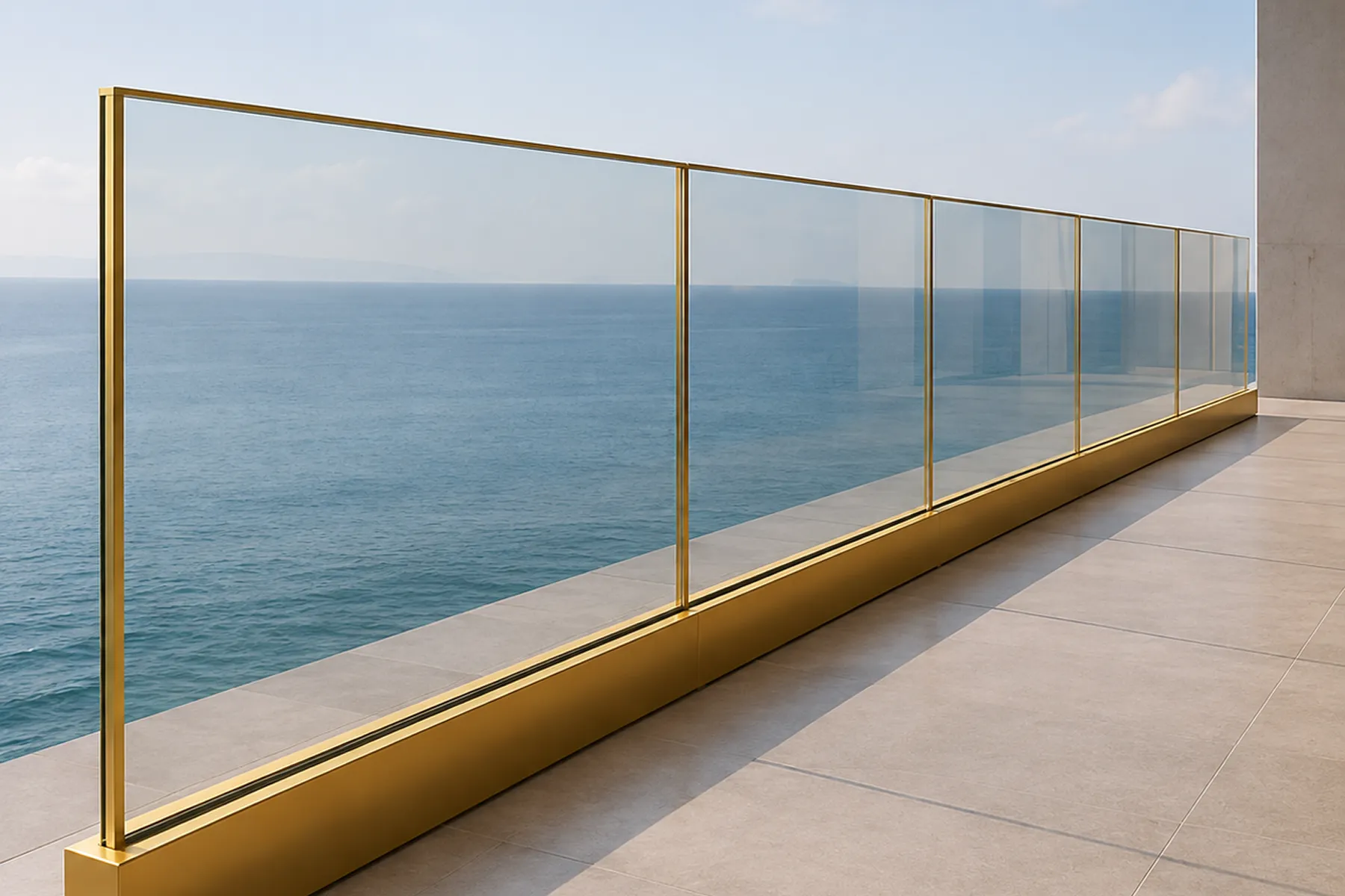 Gold-finish frameless glass railing overlooking the ocean