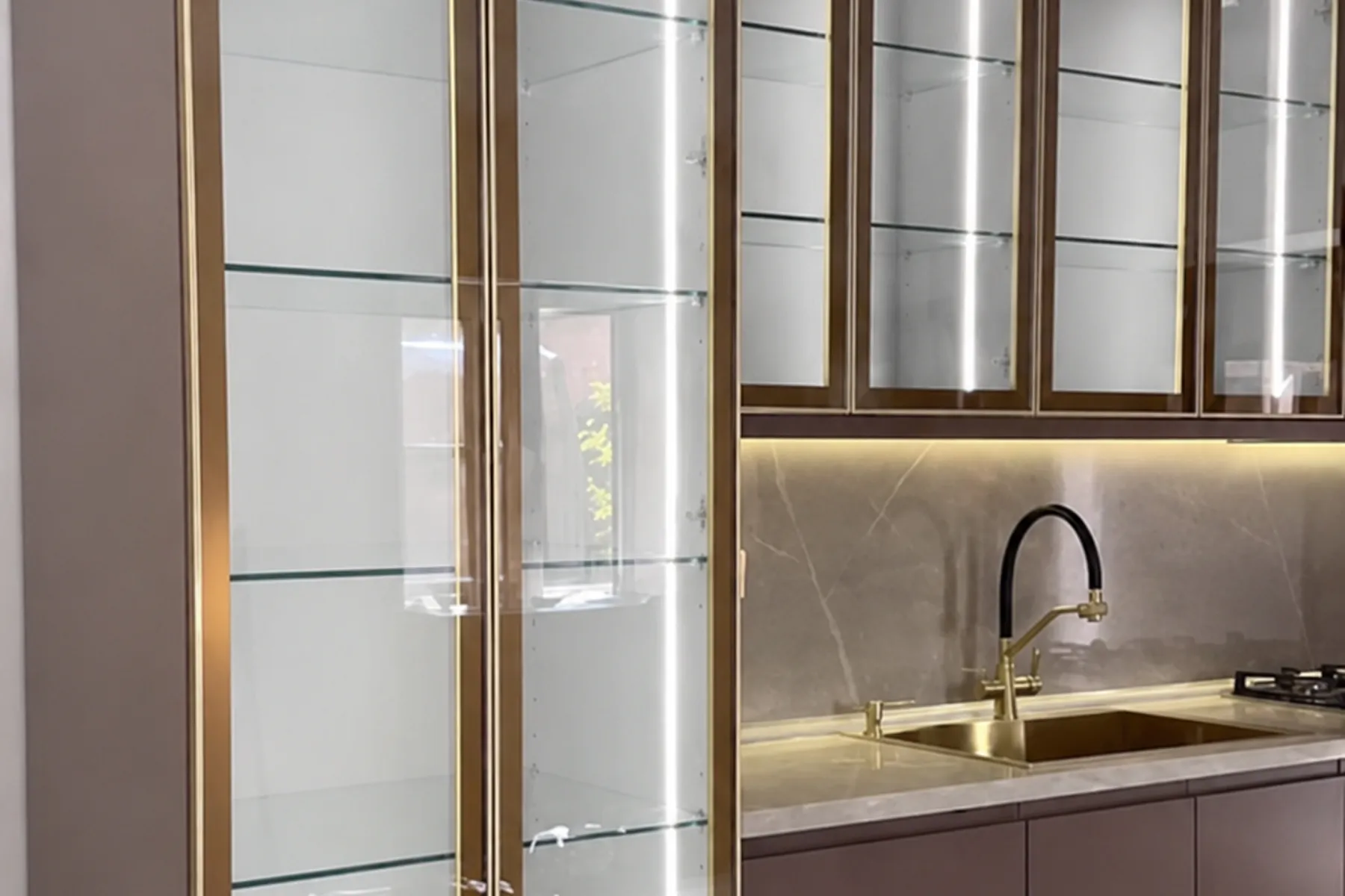 Brass-Finish Aluminium Frame on Glass Display Cabinet
