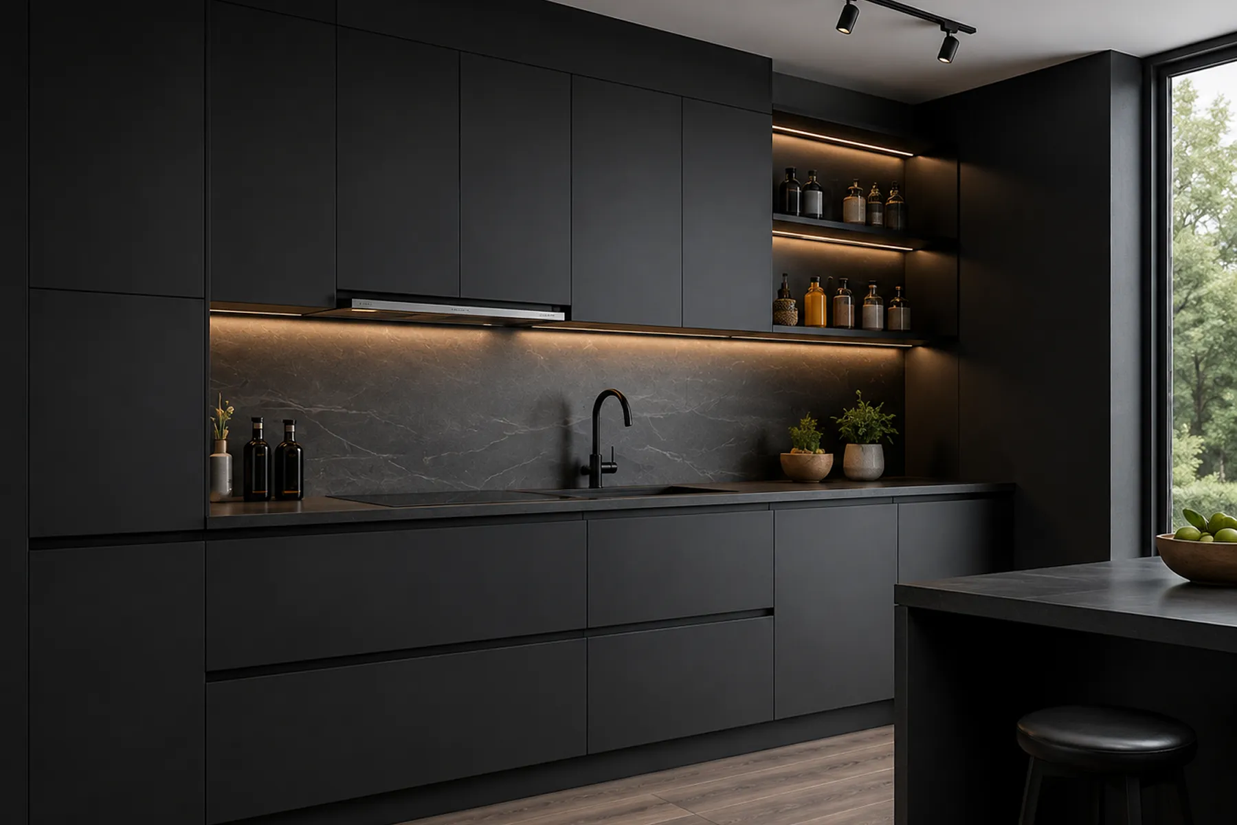 Matte black modular kitchen cabinets and shelving