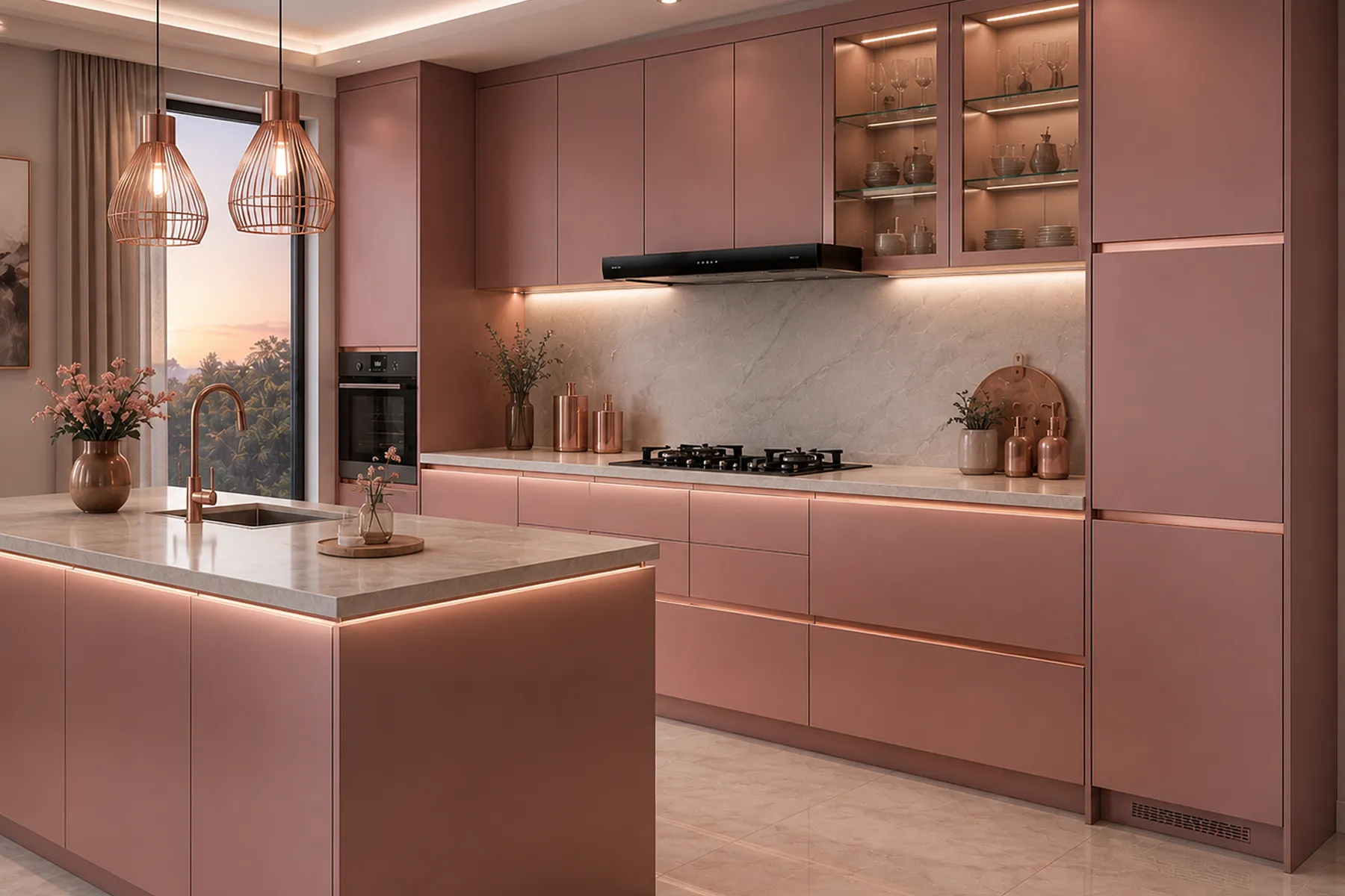Rose Gold Aluminium Trim on Kitchen Shutters and Island