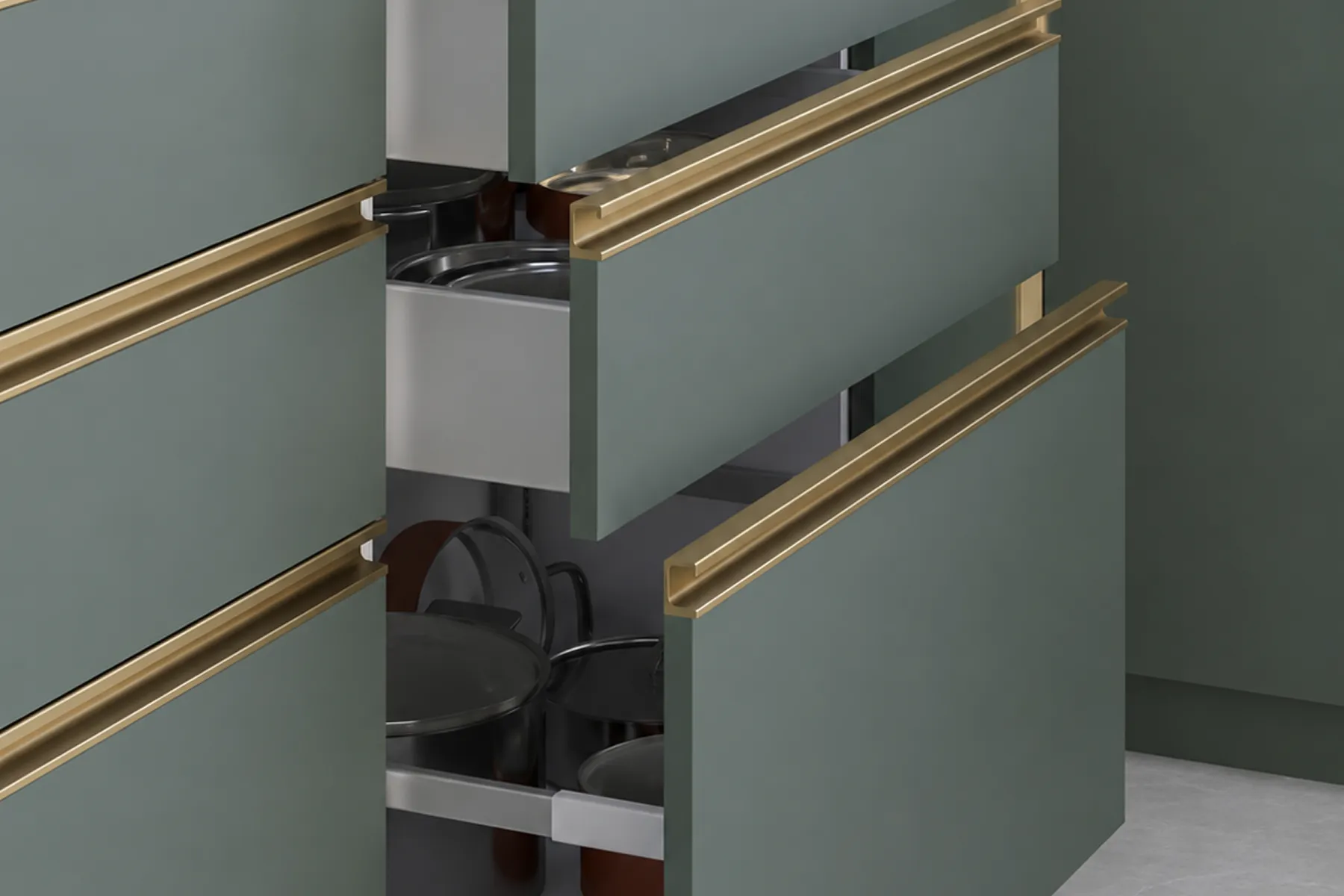 Brass-Finish Bar Handles on Corner Base Cabinets