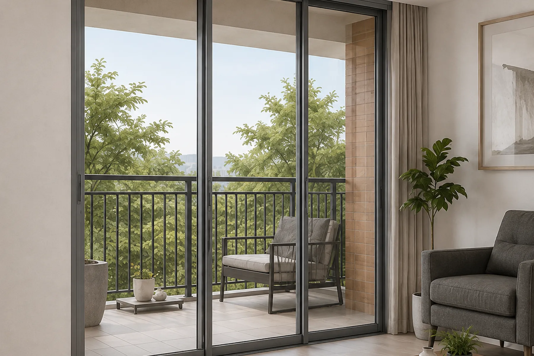 Sliding glass doors linking living space to balcony