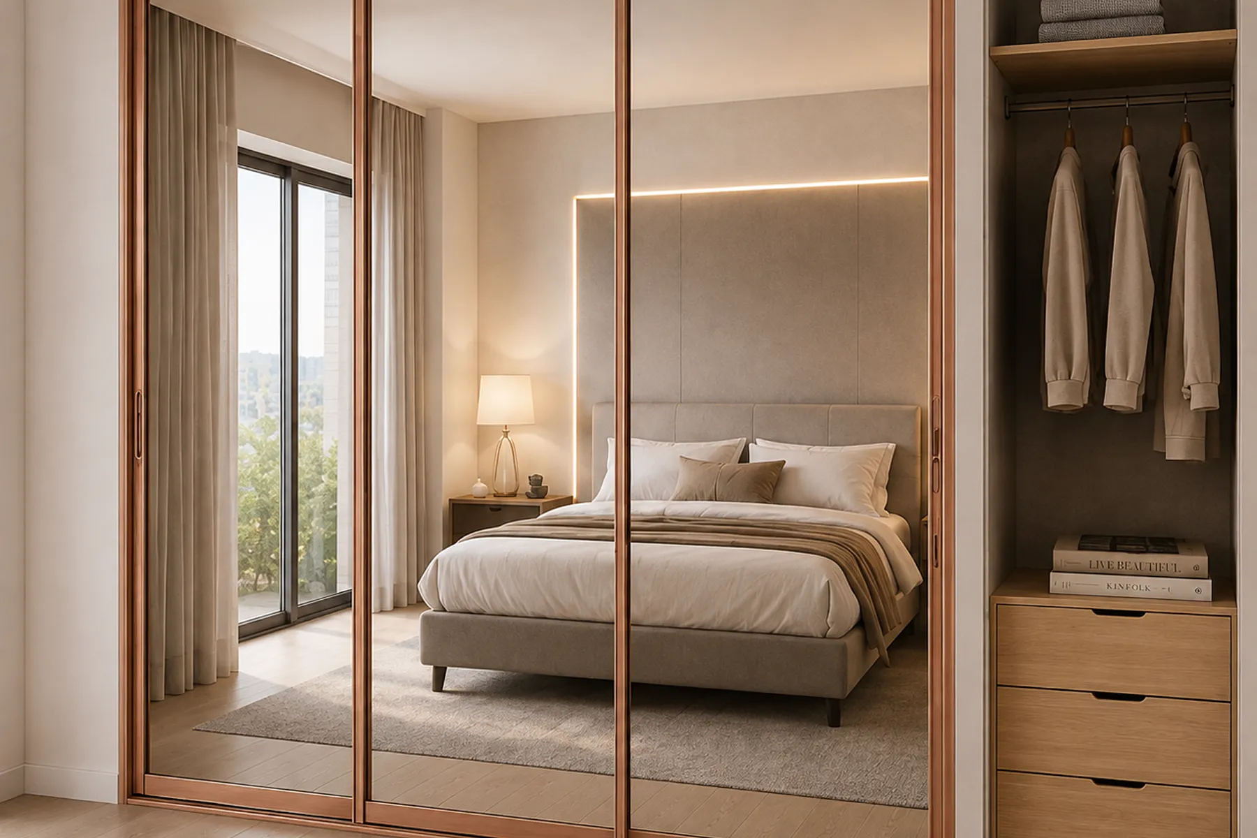 Mirrored wardrobe shutters with rose-gold M-Track frame