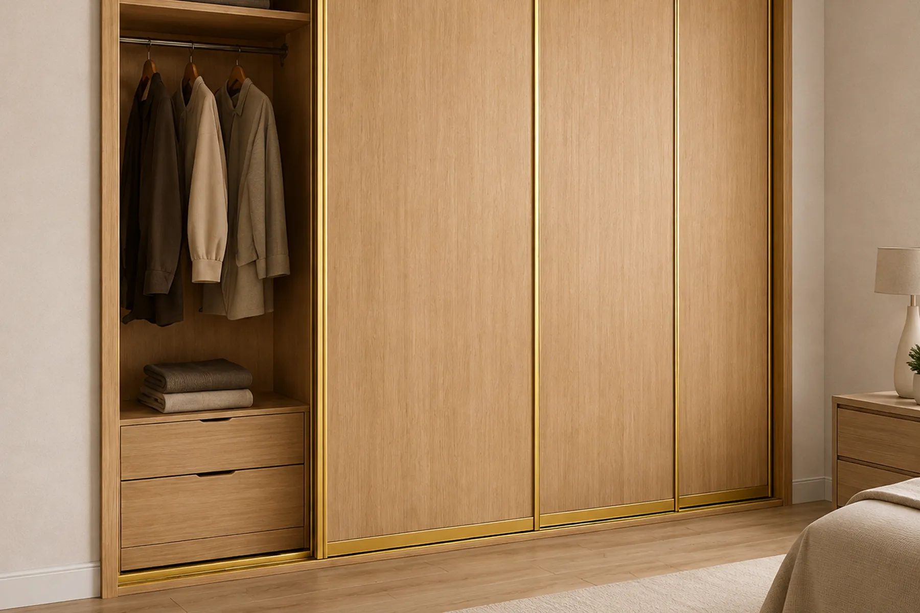 Gold-trim M-Track along a wardrobe sliding door base