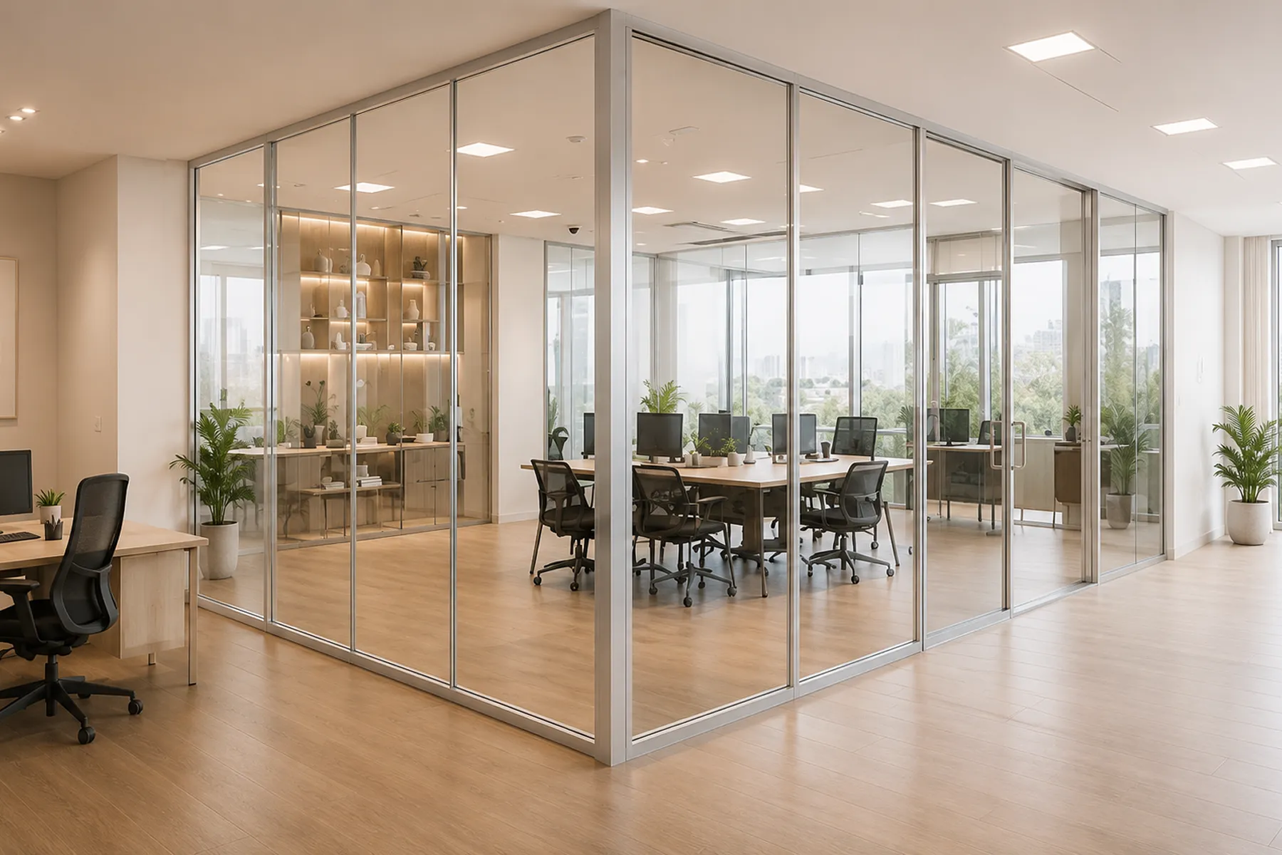 Glass partition walls enclosing a modern office space