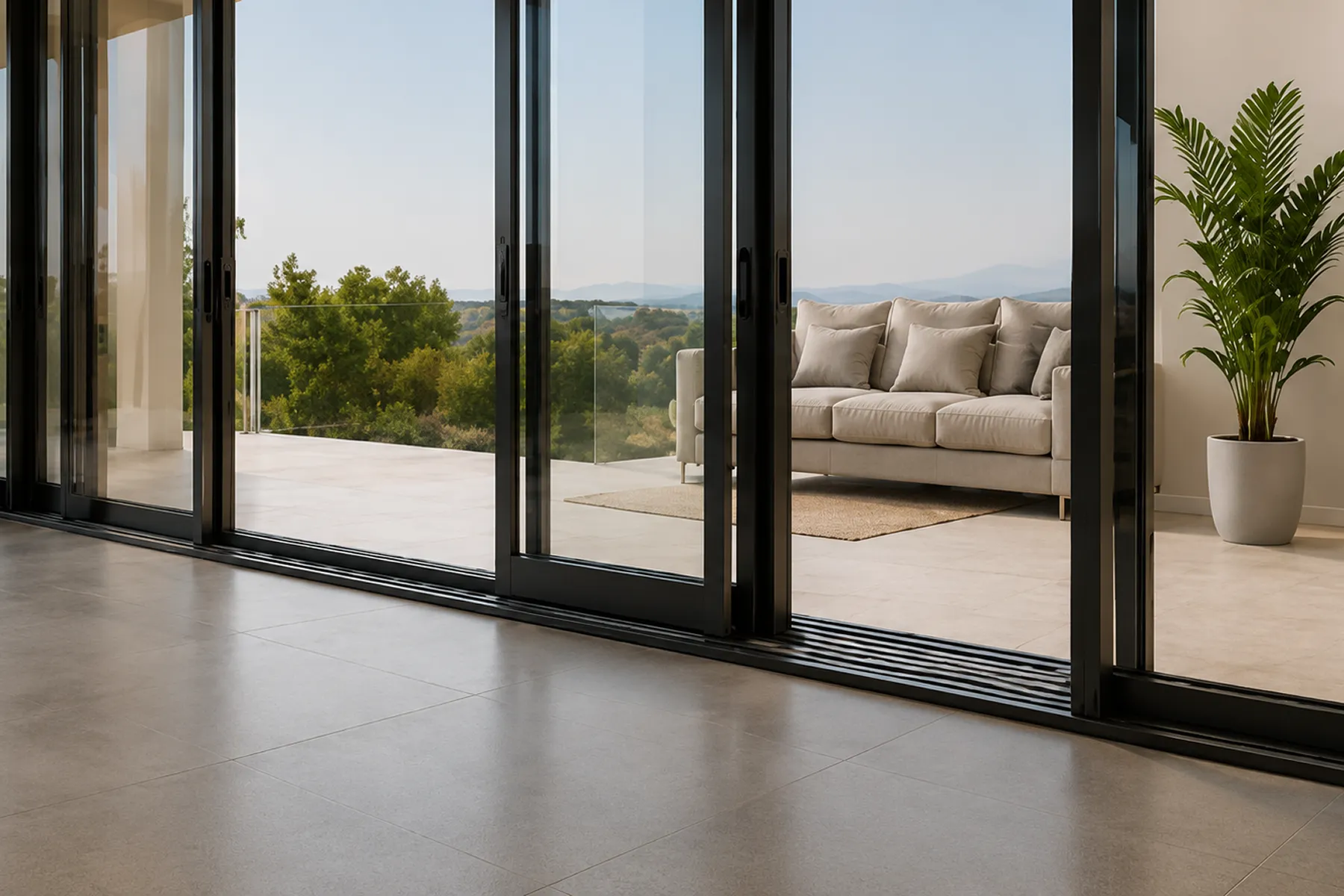 Modern residential building with floor-to-ceiling sliding door systems