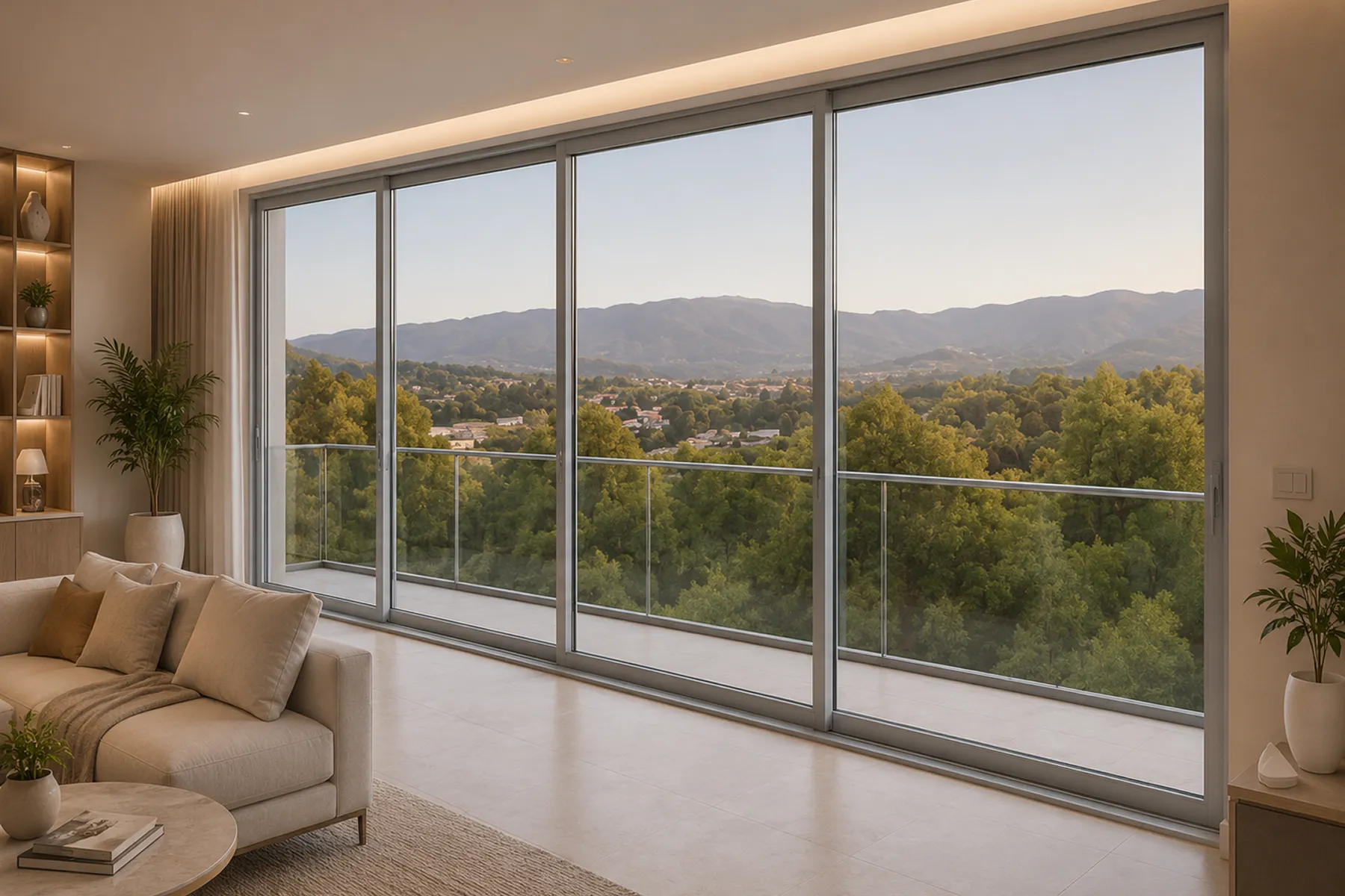 Sliding glass doors opening living room to balcony