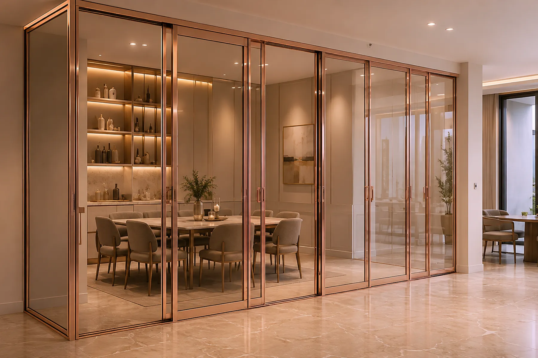Sliding glass doors framing a formal dining room