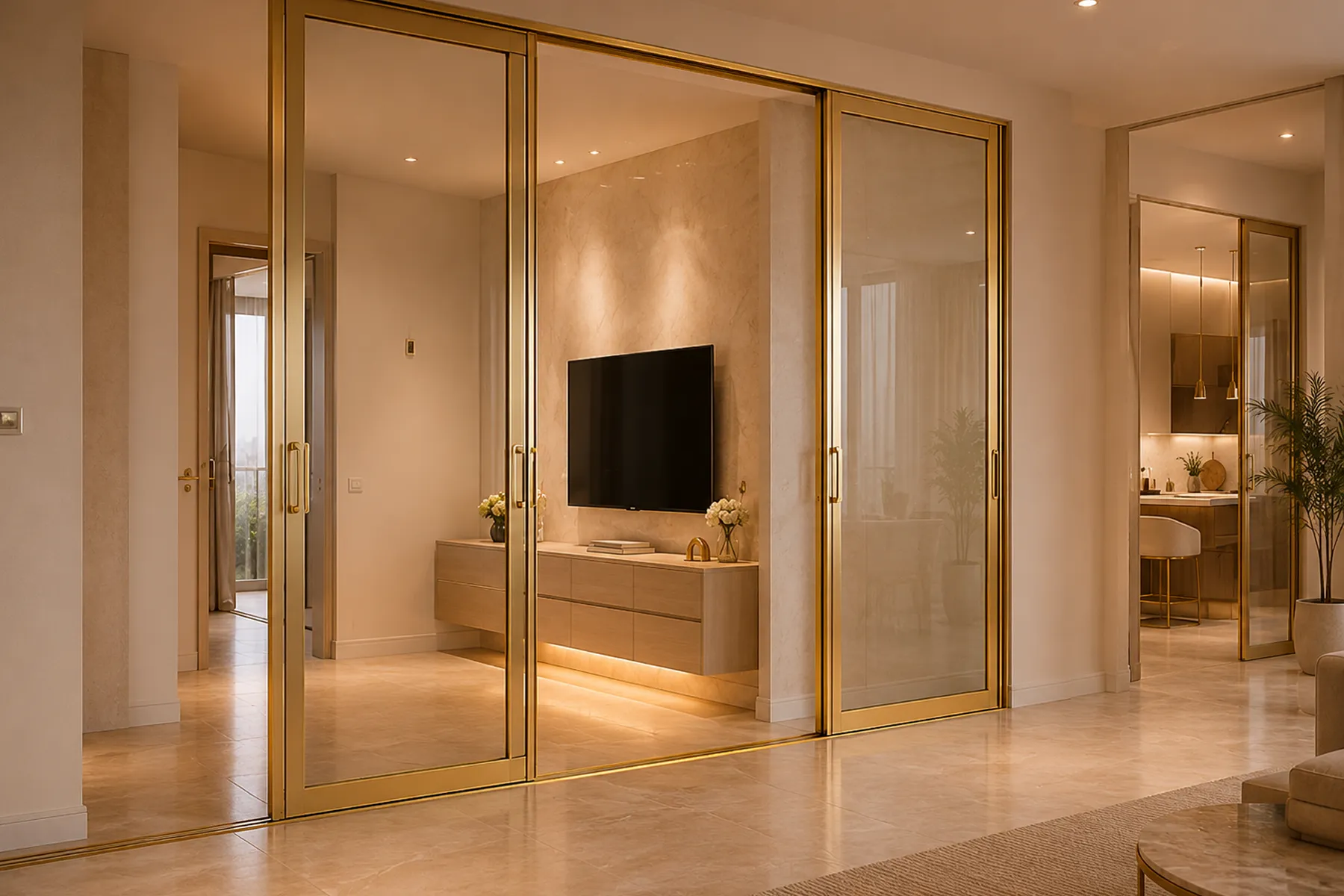 Gold-finish sliding glass doors dividing apartment living spaces