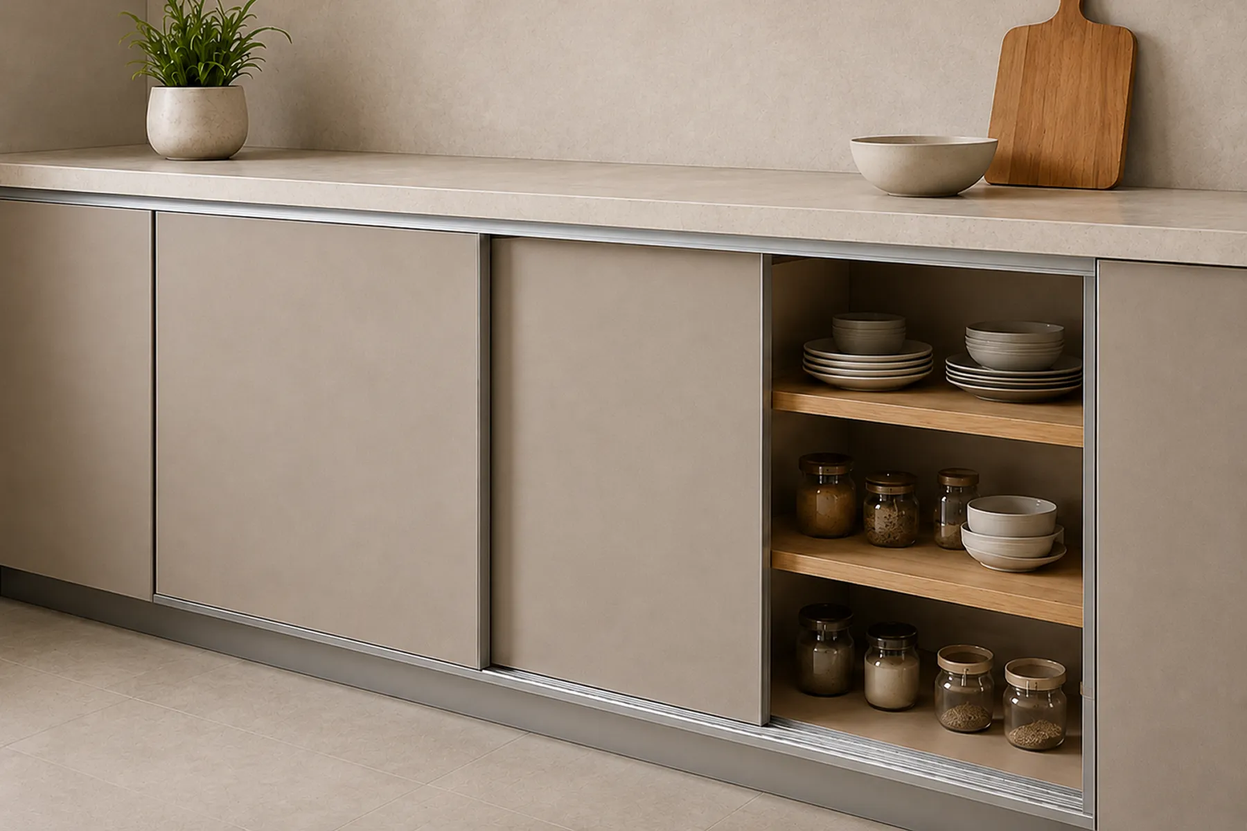 Slim Track on Kitchen Sliding Cabinet Doors
