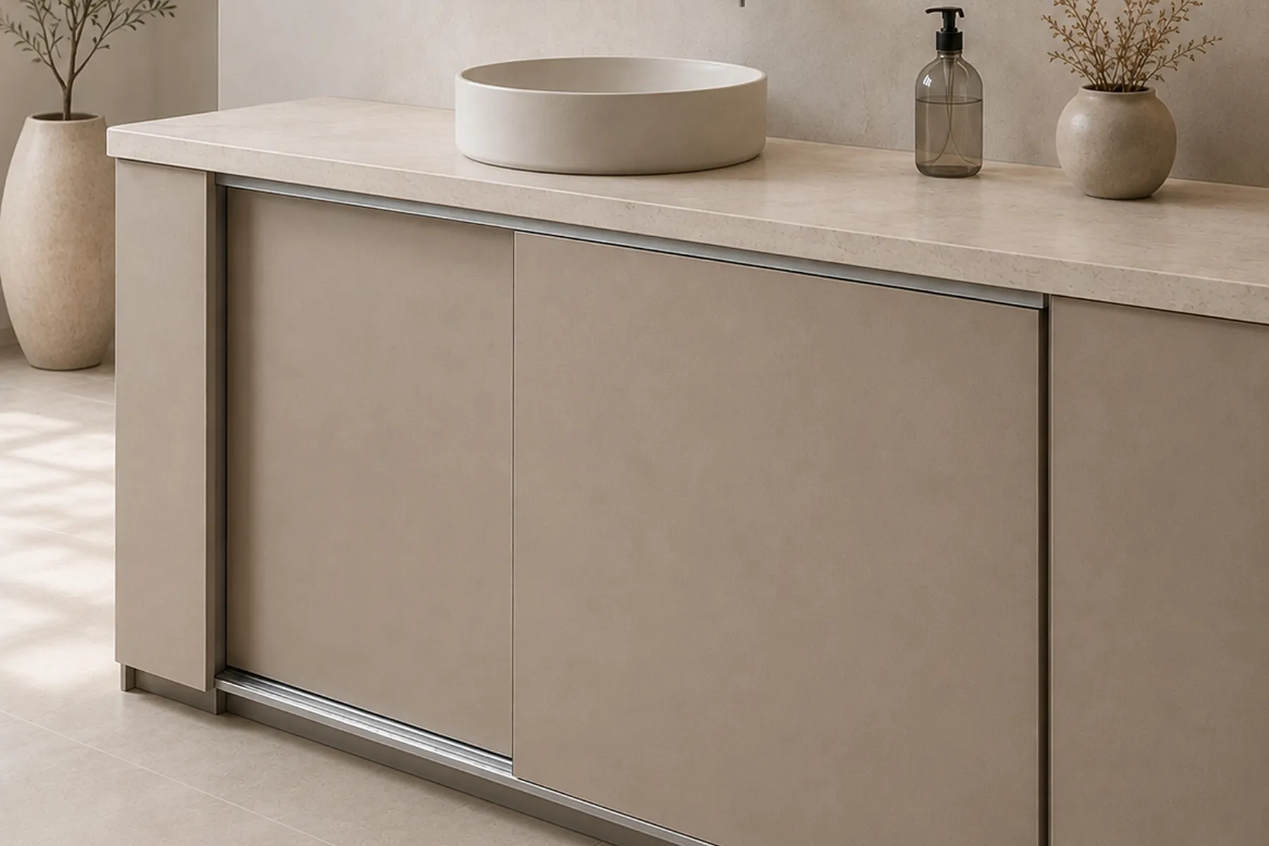 Slim Floor Track on Bathroom Vanity Cabinet