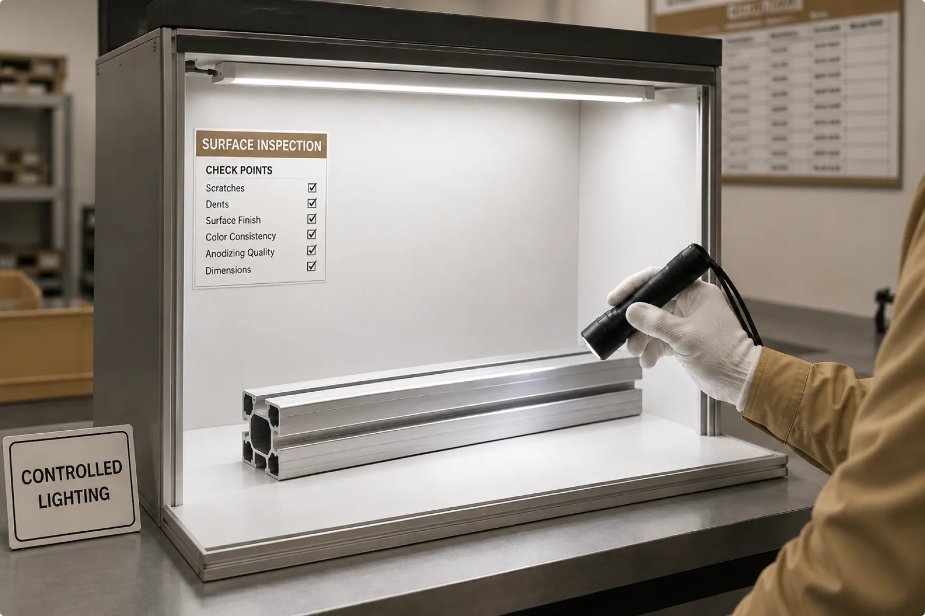 Surface finish inspection under controlled lighting