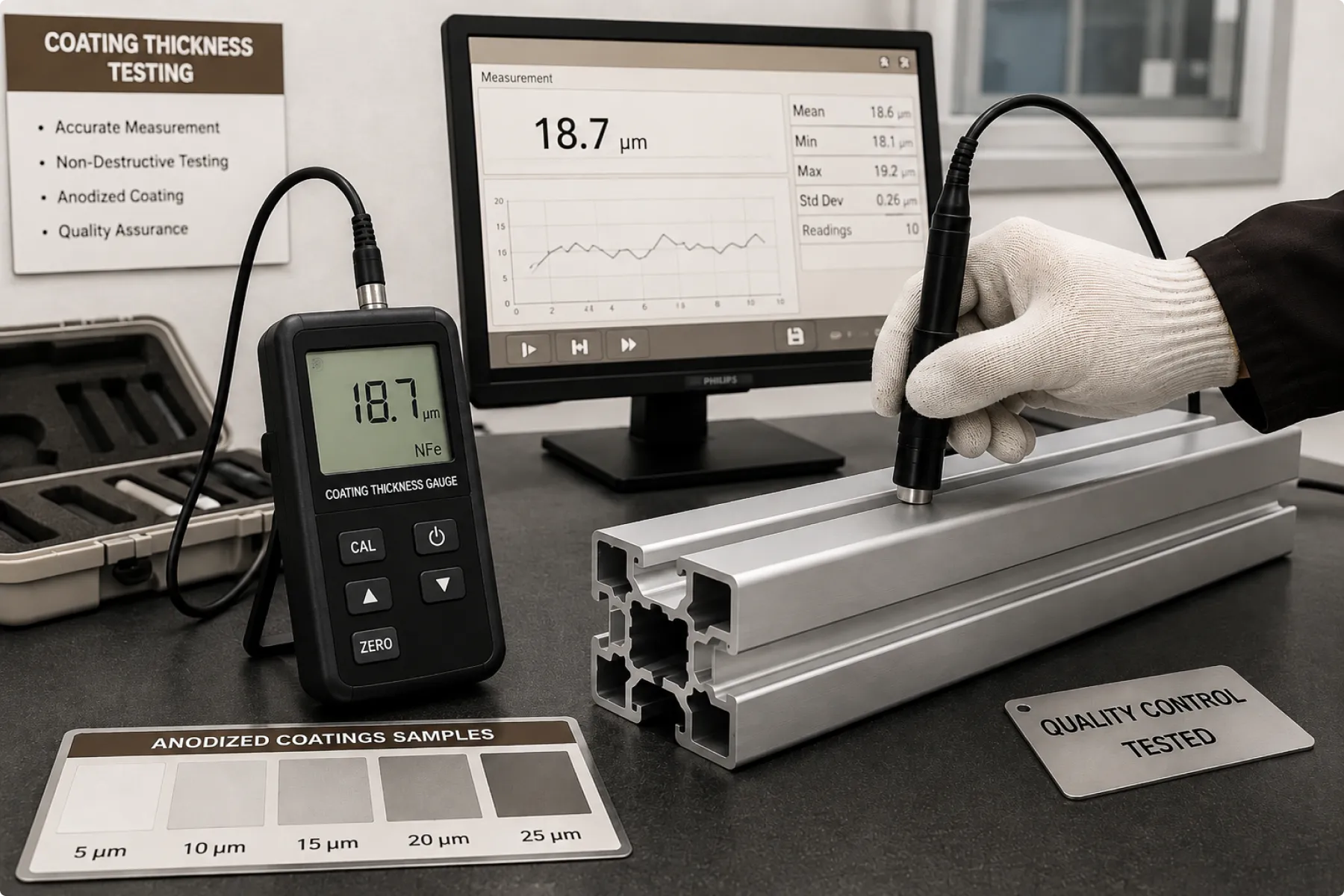 Coating thickness testing for anodized aluminium profiles